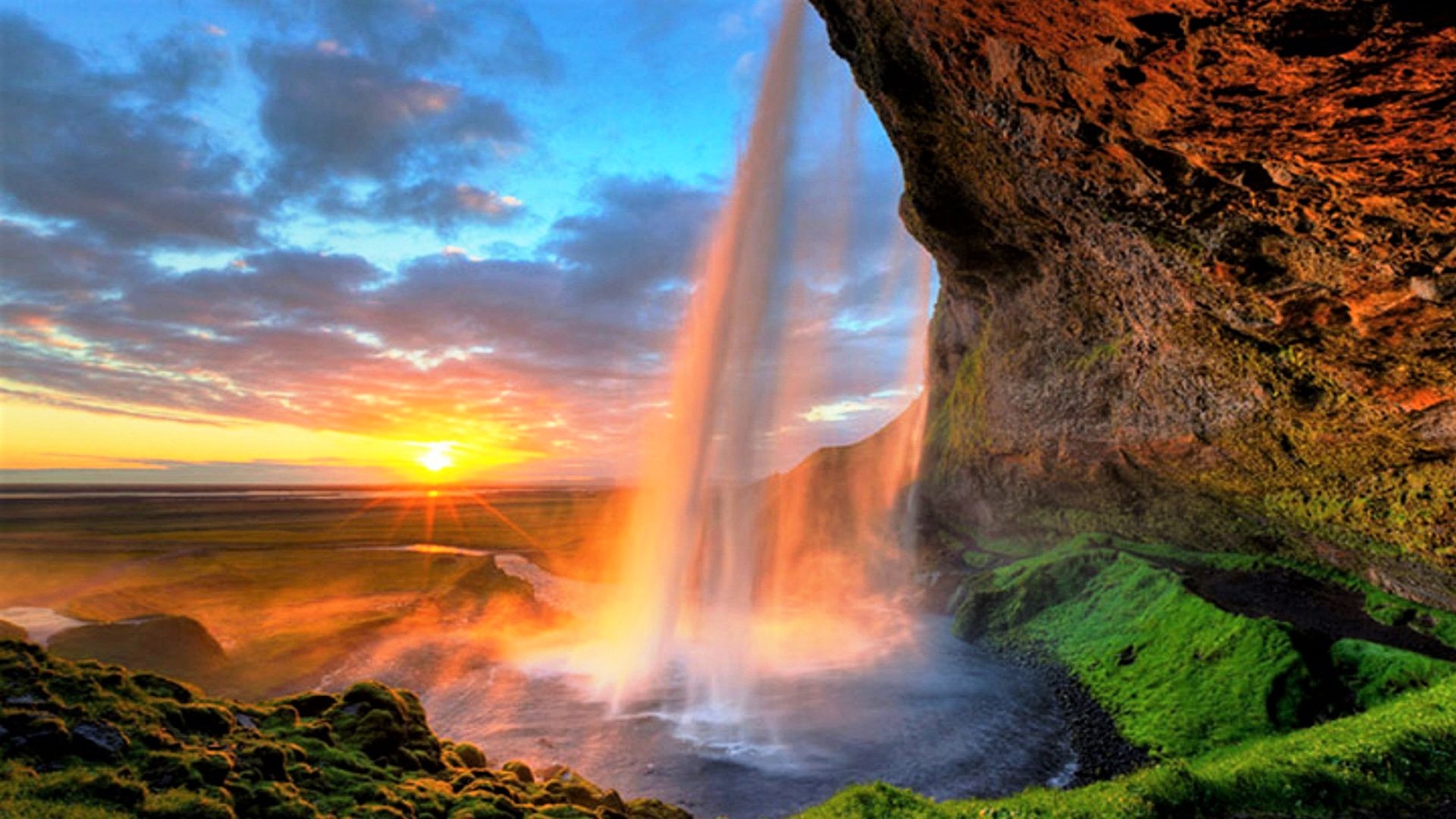 Handy-Wallpaper Wasserfall, Erde, Seljalandsfoss, Sonnenuntergang, Erde/natur kostenlos herunterladen.