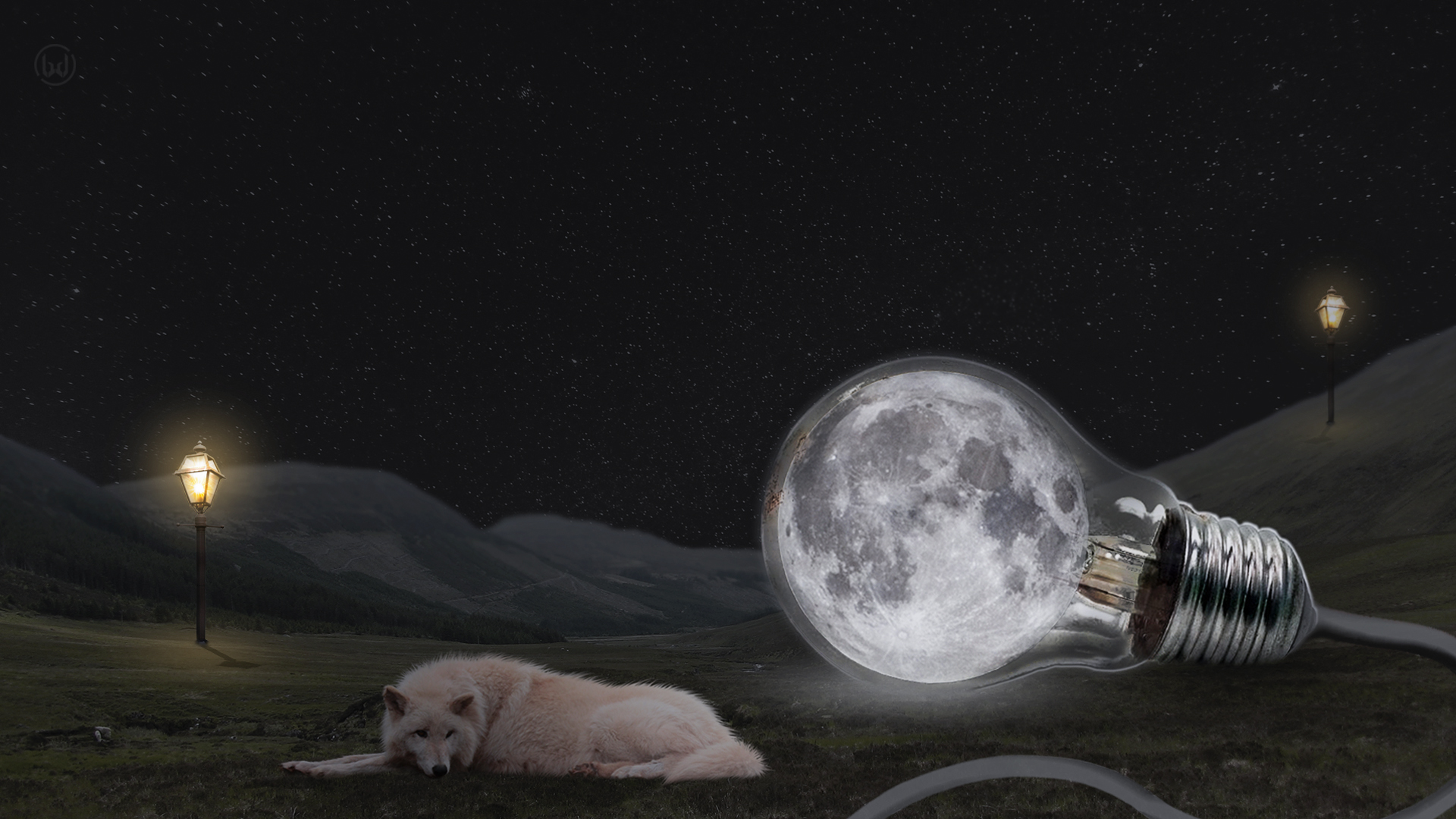 Download mobile wallpaper Moon, Wolf, Photography, Manipulation for free.