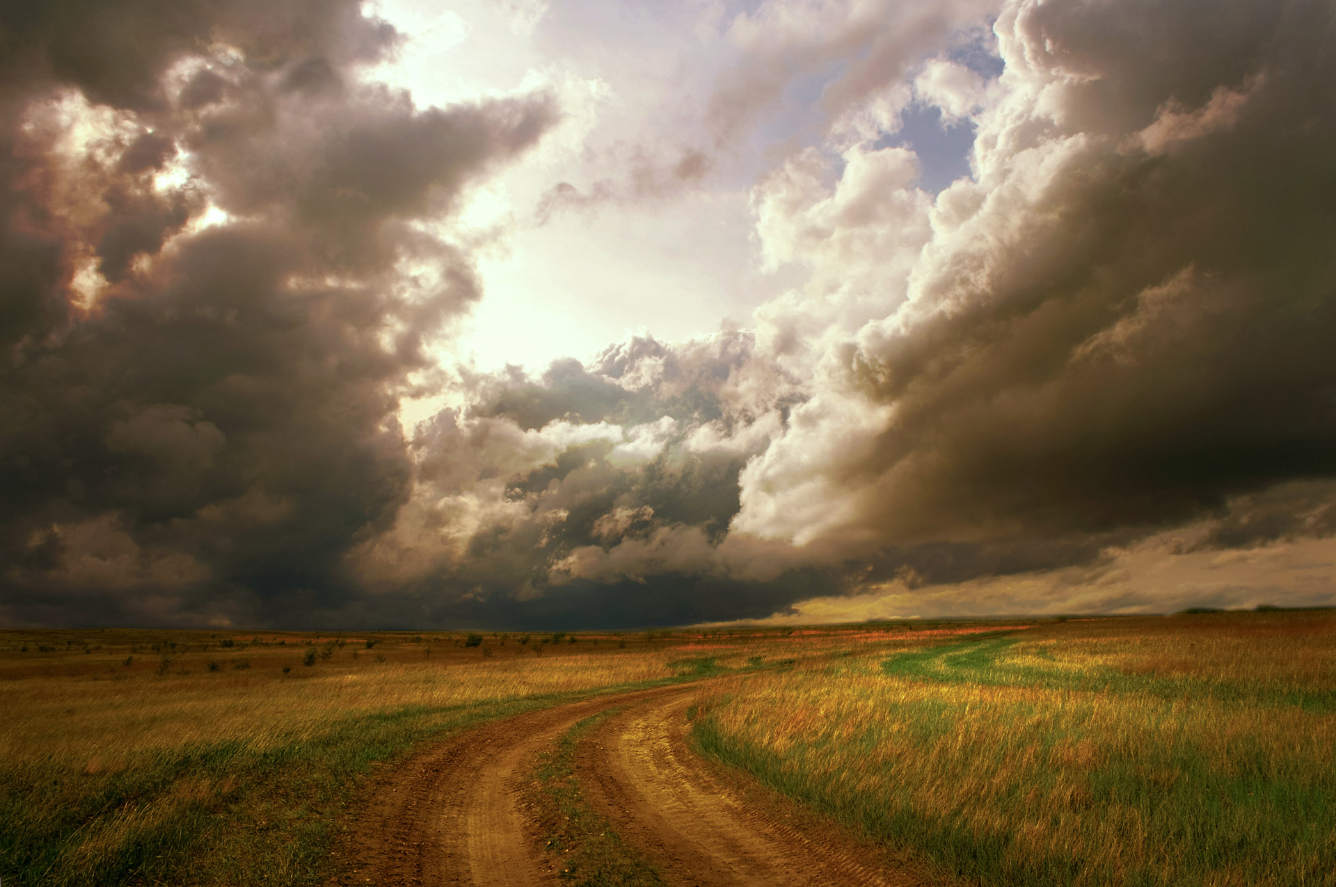 Free download wallpaper Landscape, Earth, Field, Storm, Cloud, Dirt Road on your PC desktop