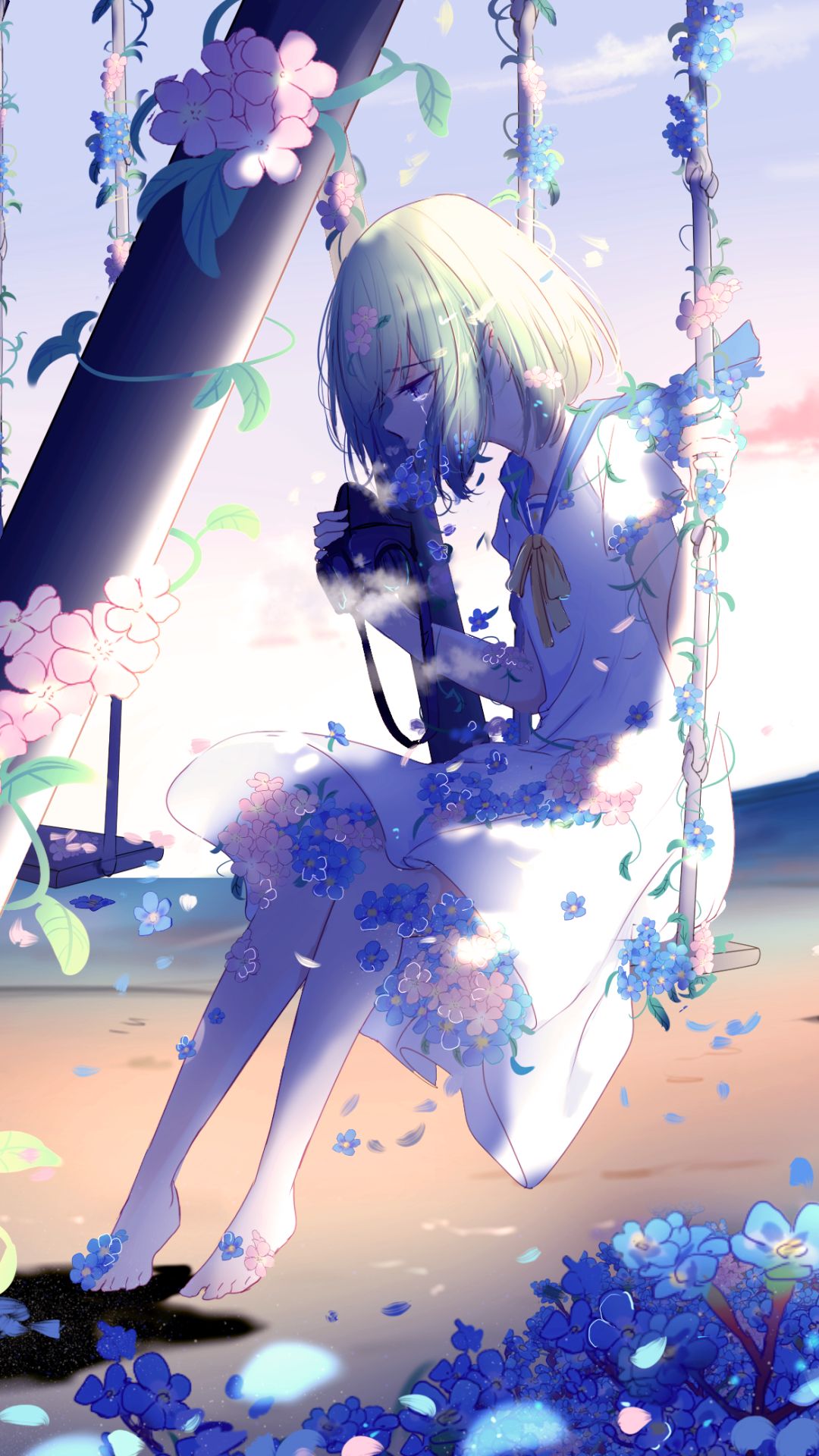 Download mobile wallpaper Anime, Flower, Girl, Swing, Sad, Tears, Short Hair for free.
