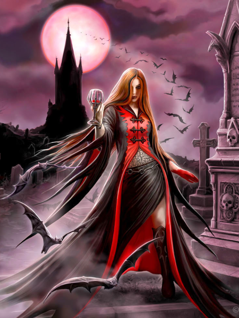 Download mobile wallpaper Fantasy, Gothic, Night, Moon, Statue, Bat, Vampire, Cemetery for free.