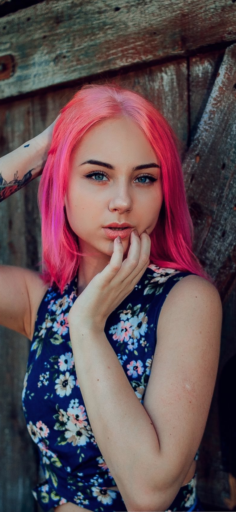 Download mobile wallpaper Tattoo, Model, Women, Blue Eyes, Pink Hair for free.