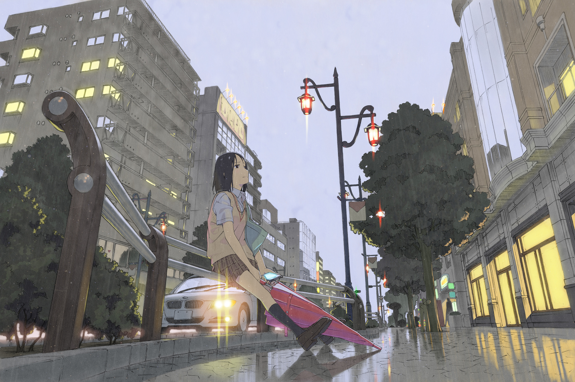 Download mobile wallpaper Anime, Bmw, Rain, Umbrella, Street, Original for free.