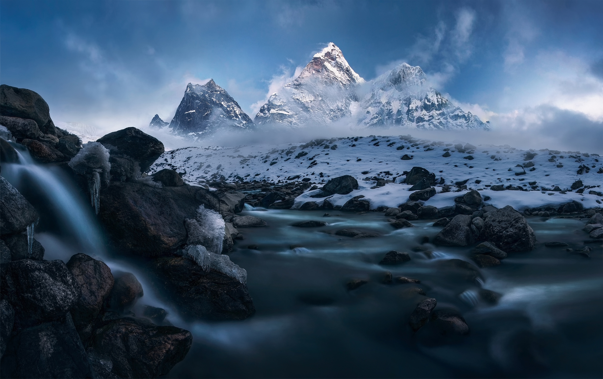 Free download wallpaper Landscape, Winter, Ice, Snow, Mountain, Waterfall, Earth, River on your PC desktop