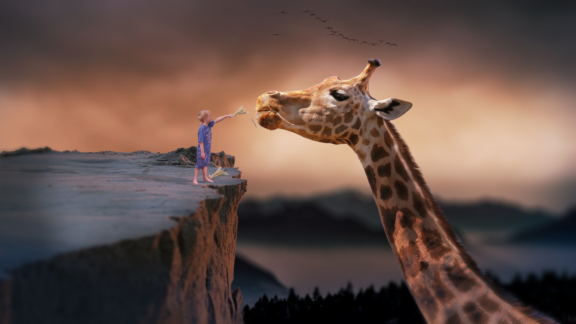 Download mobile wallpaper Giraffe, Child, Photography, Manipulation for free.