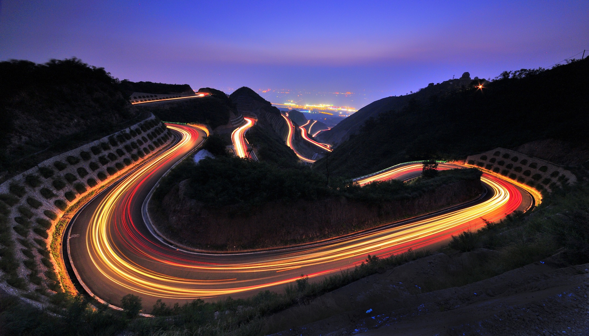 Free download wallpaper Landscape, Night, Light, Road, Man Made, Time Lapse on your PC desktop