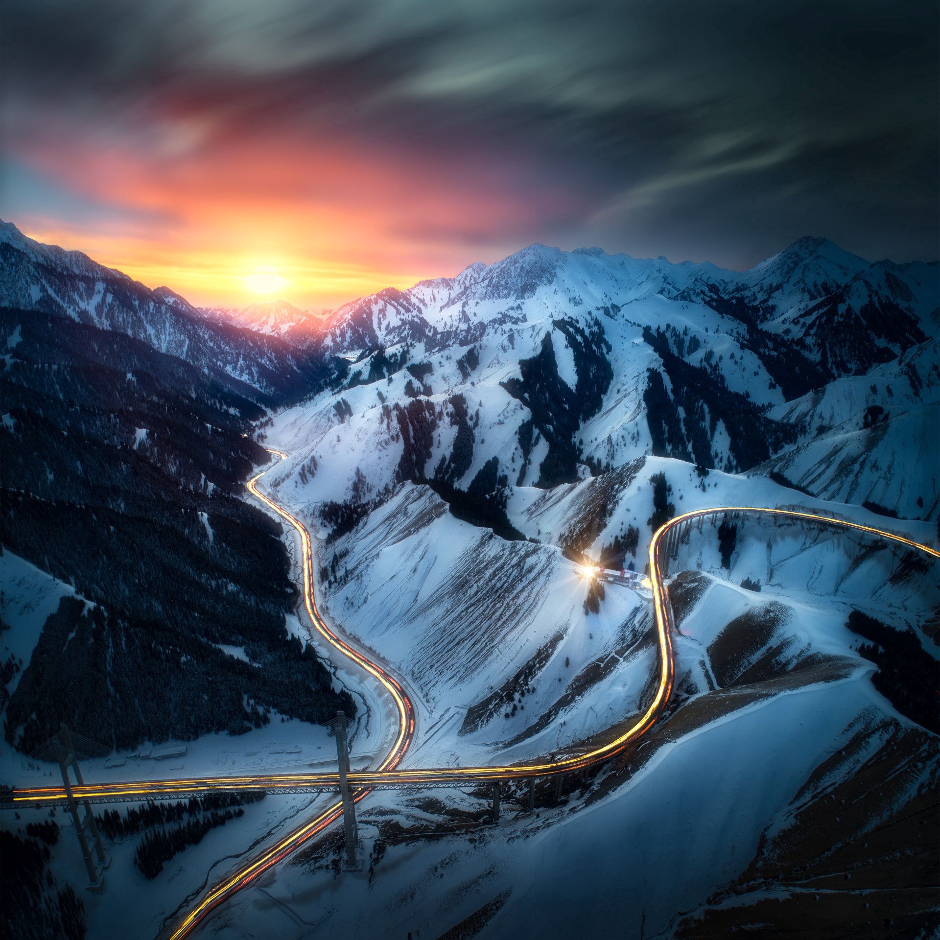 roads, view from above, sunset, landscape, nature, mountains HD wallpaper