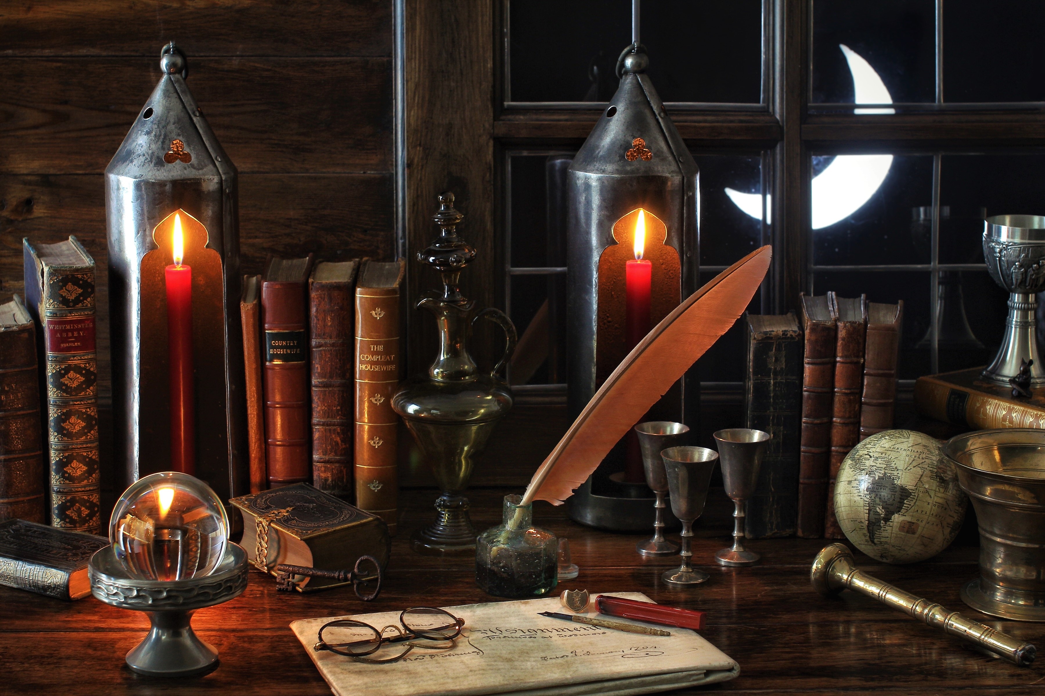 book, photography, still life, candle, crescent, glasses, globe, night, window