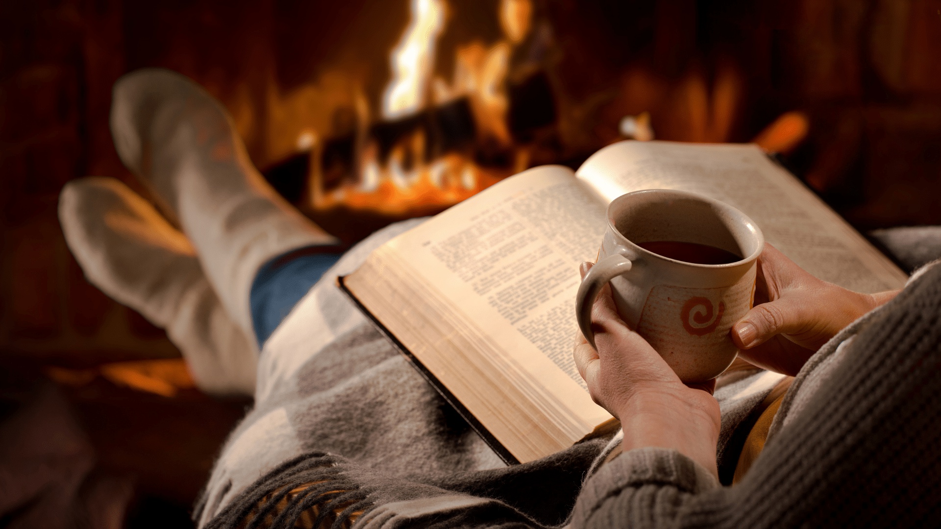 Download mobile wallpaper People, Legs, Book, Mood, Tea, Photography, Fireplace for free.