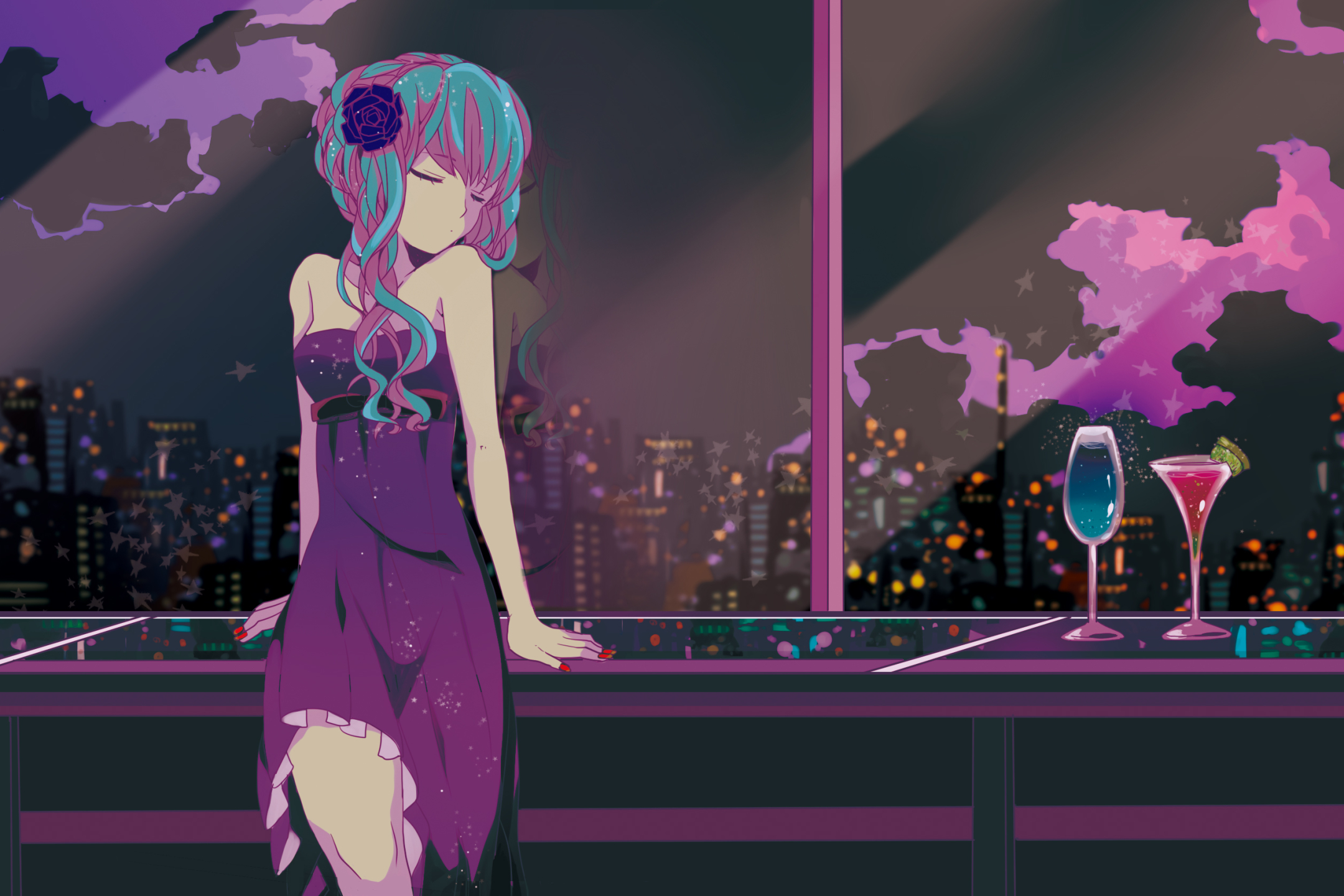 Download mobile wallpaper Anime, Glass, Drink, Vocaloid, Dress, Blue Hair, Hatsune Miku, Purple Hair, Purple Dress, Two Toned Hair for free.