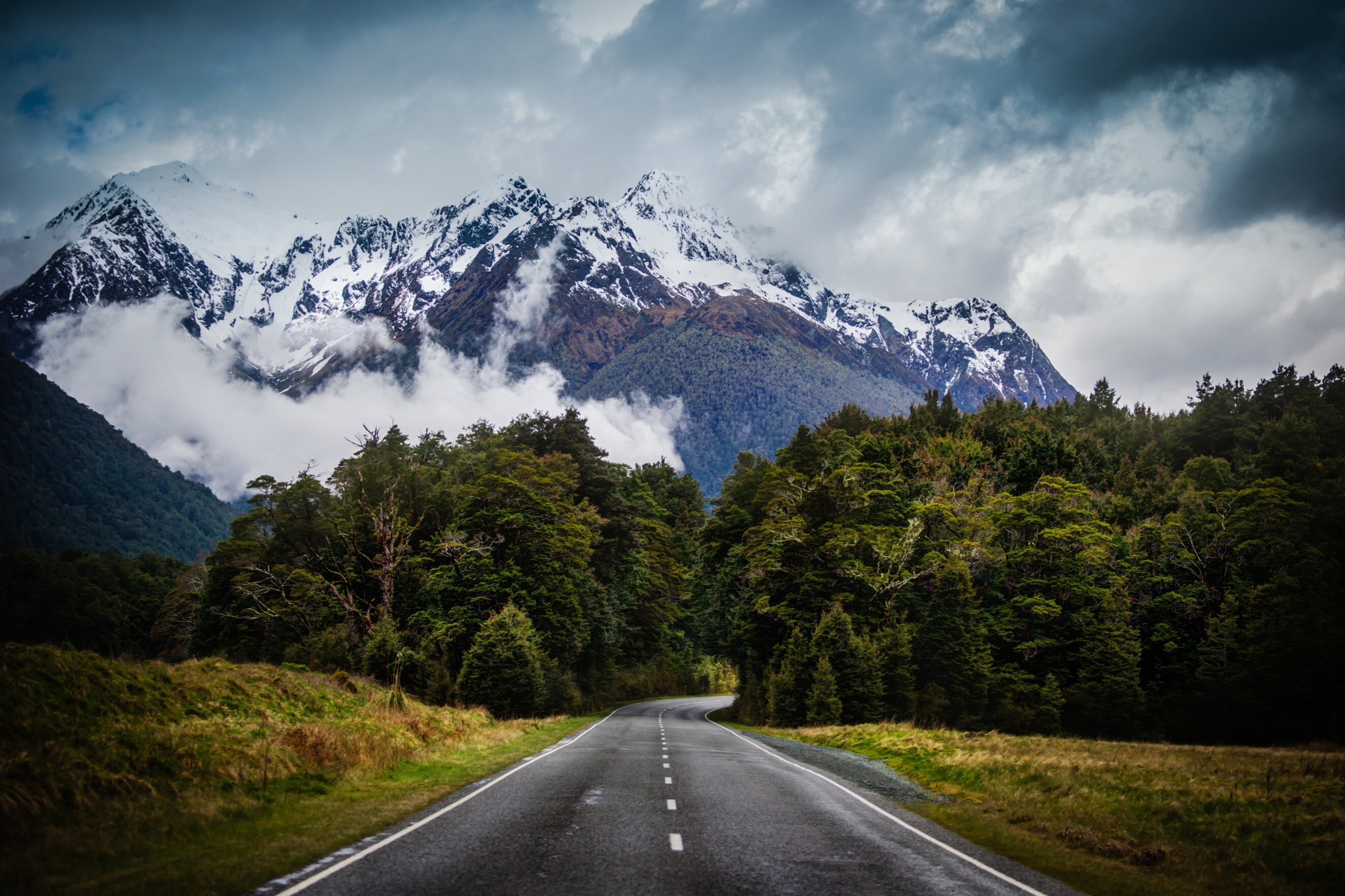 Free download wallpaper Mountains, Mountain, Road, Fog, Earth, Mount Cook, Southern Alps, Aoraki/mount Cook on your PC desktop