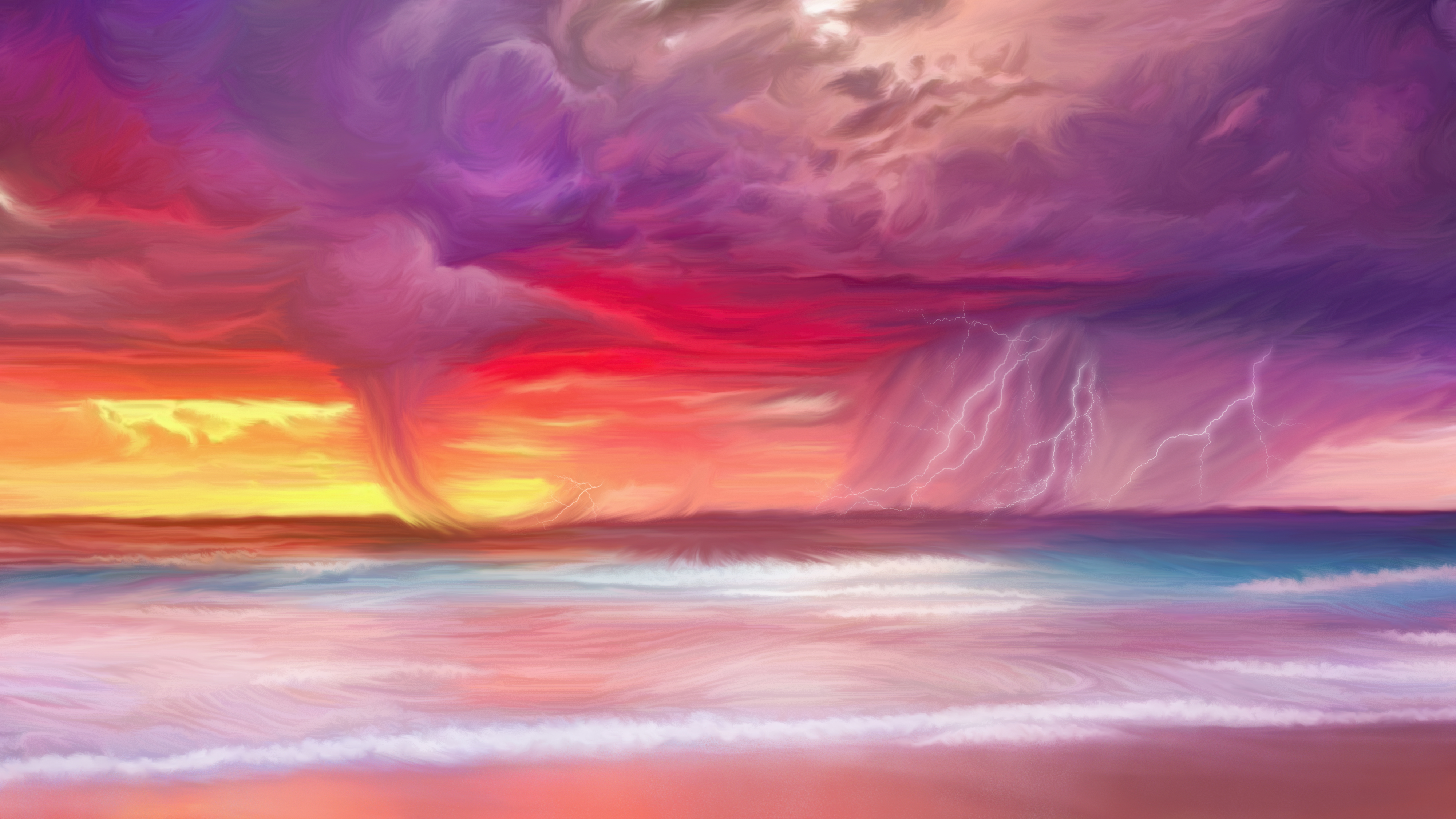 Free download wallpaper Sunset, Sea, Lightning, Ocean, Painting, Storm, Artistic on your PC desktop