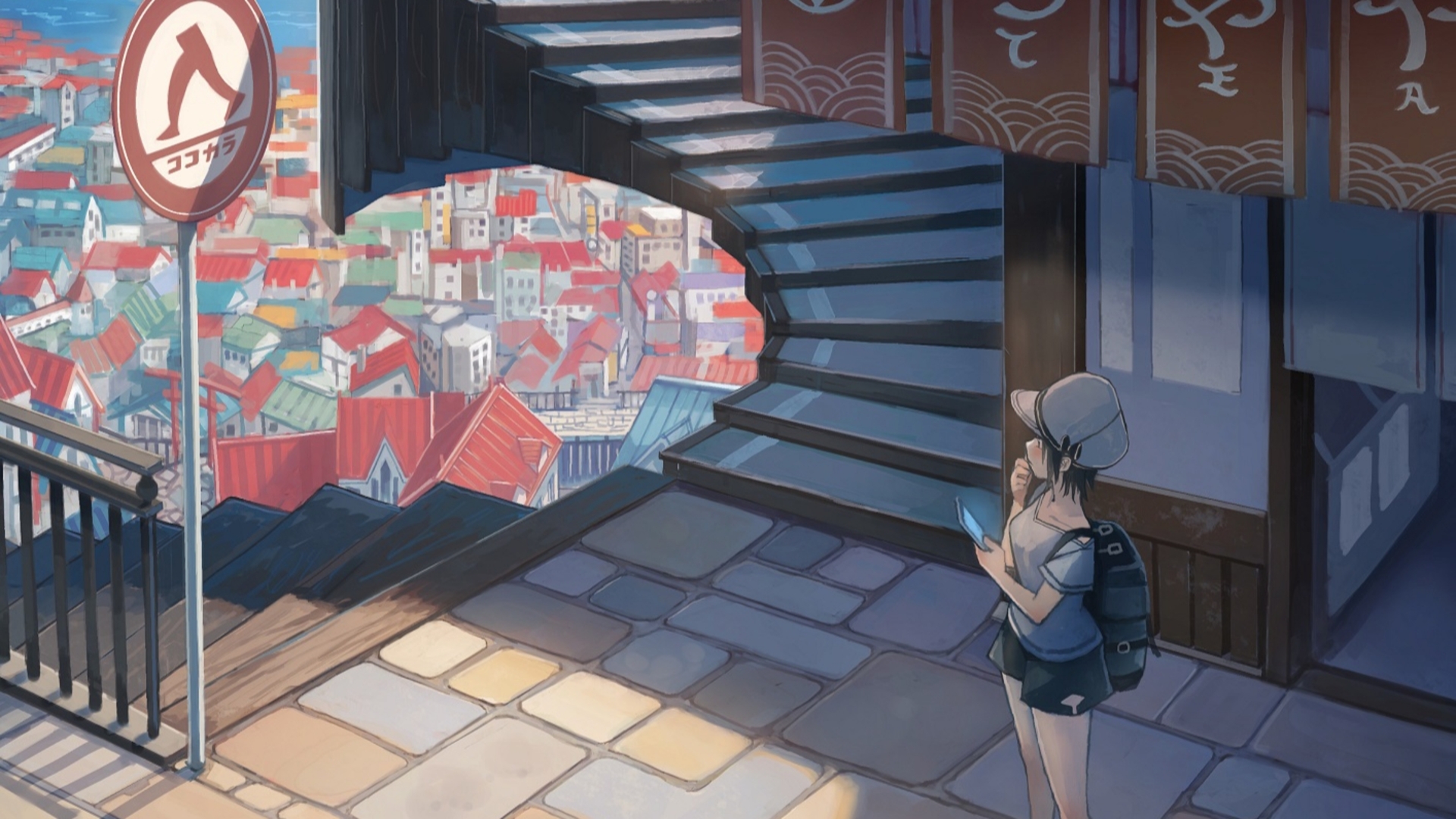 Free download wallpaper Anime, City, Stairs, Original on your PC desktop