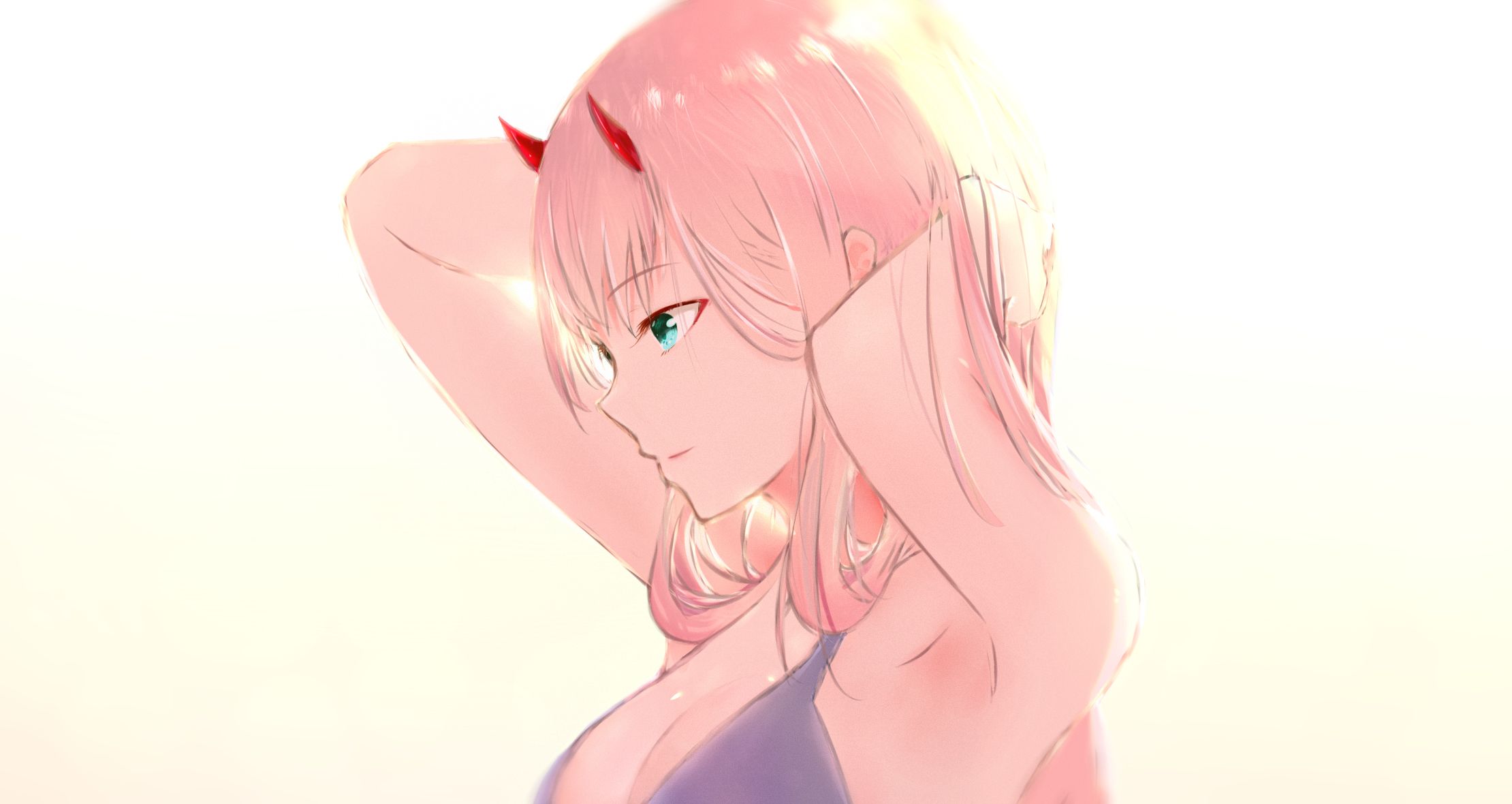 anime, zero two (darling in the franxx), darling in the franxx, green eyes, horns, pink hair, smile