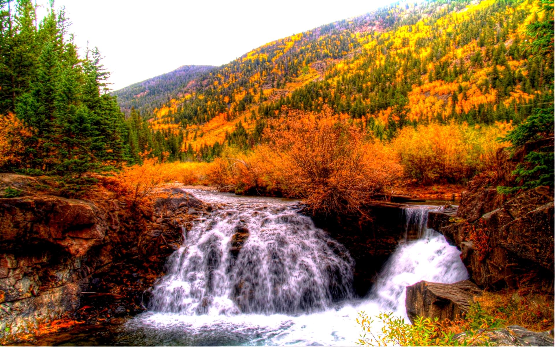 Скачать обои бесплатно Осень, Водопады, Гора, Водопад, Лес, Hdr, Земля/природа картинка на рабочий стол ПК