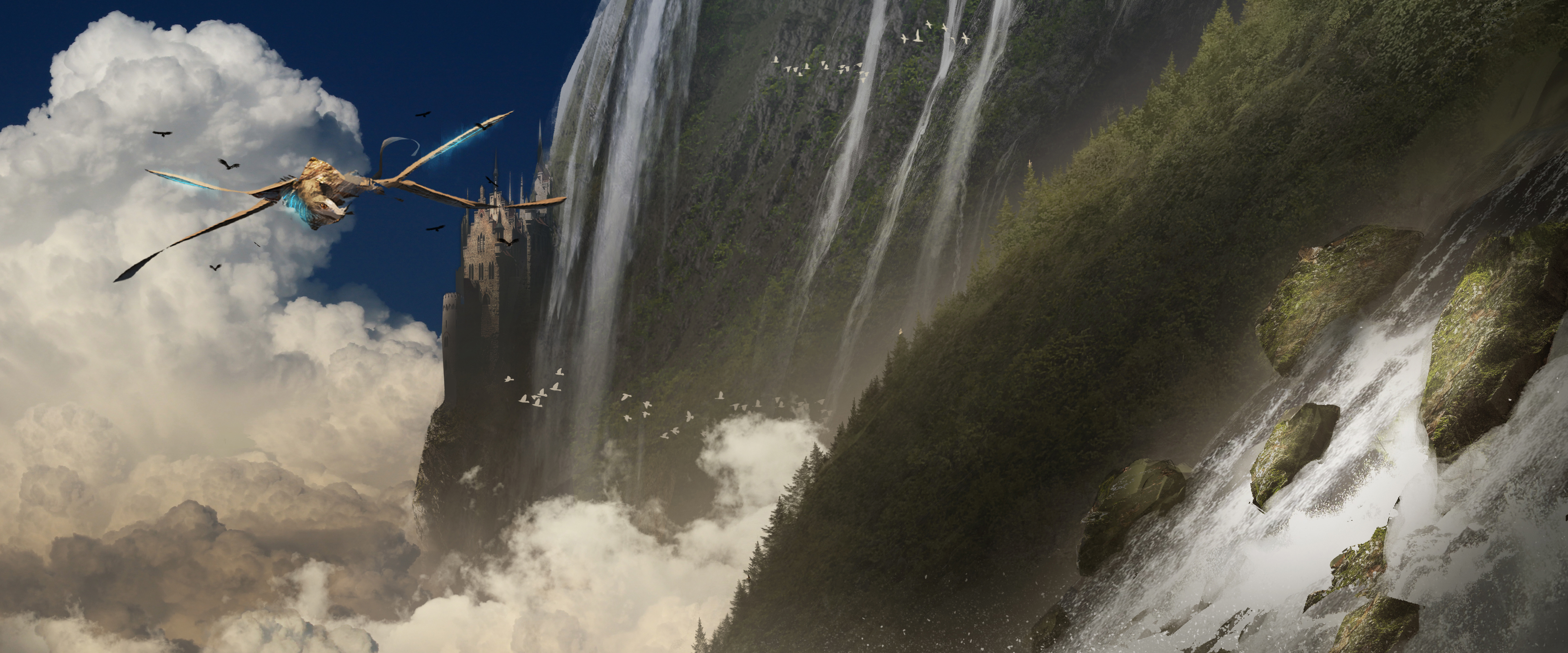 Free download wallpaper Anime, Landscape, Sky, Waterfall, Creature, Cloud, Original on your PC desktop