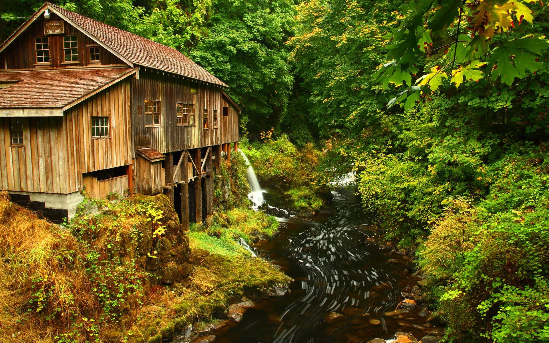 Download mobile wallpaper Waterfall, Forest, Tree, Stream, Man Made, Watermill for free.