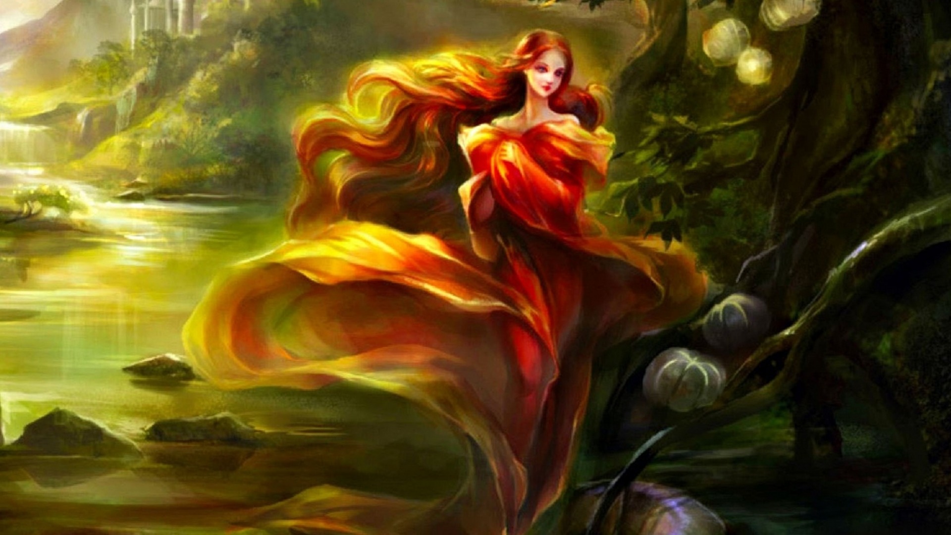 Free download wallpaper Fantasy, Forest, Redhead, Dress, Women on your PC desktop