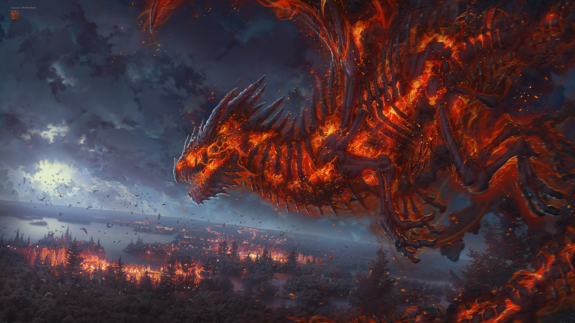 Download mobile wallpaper Fantasy, Fire, Night, Dragon for free.