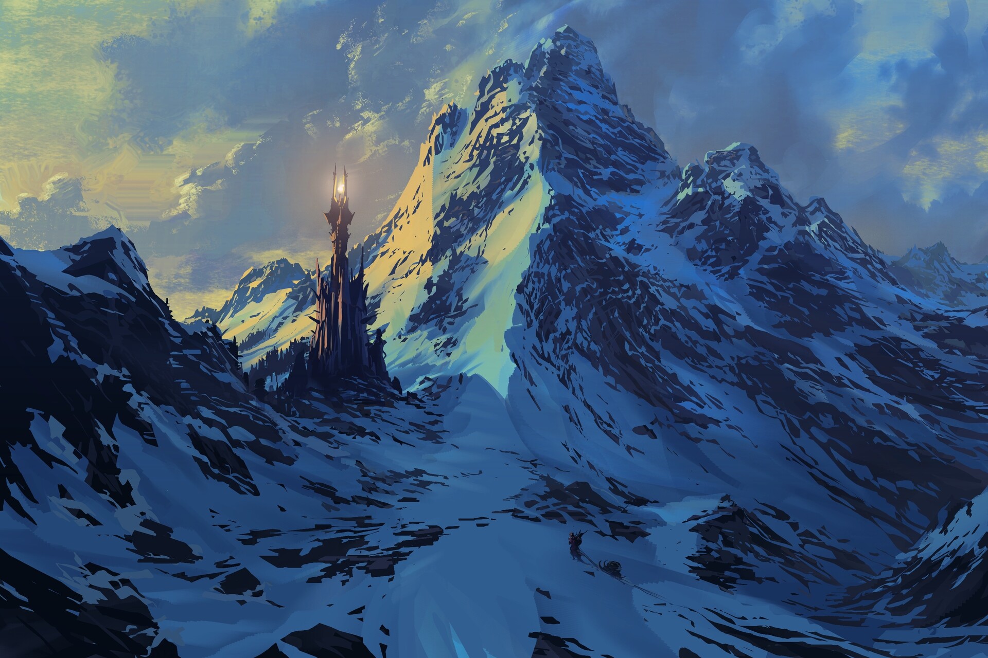 fantasy, landscape, mountain, snow, tower