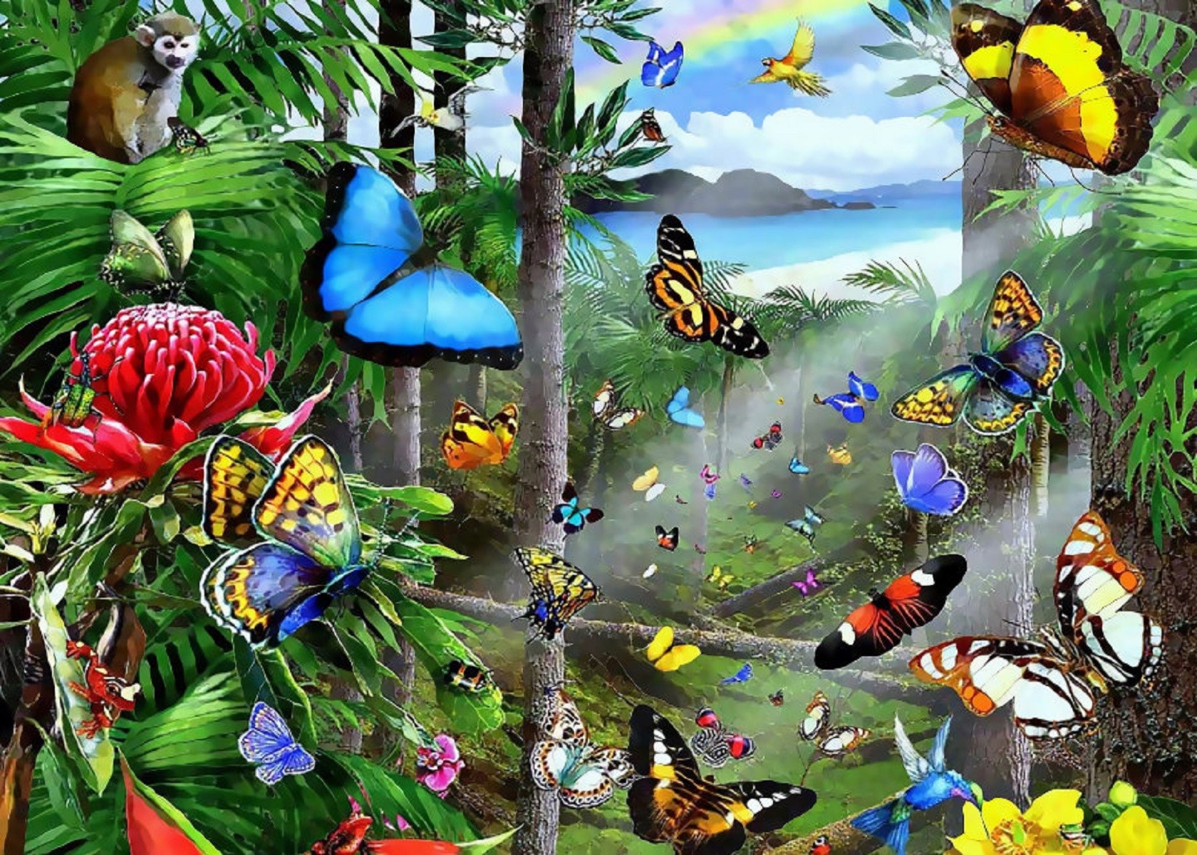 740240 завантажити шпалери художній, метелик, кольори, джунглі, мавпа, тропічний ліс, дерево - заставки і картинки безкоштовно