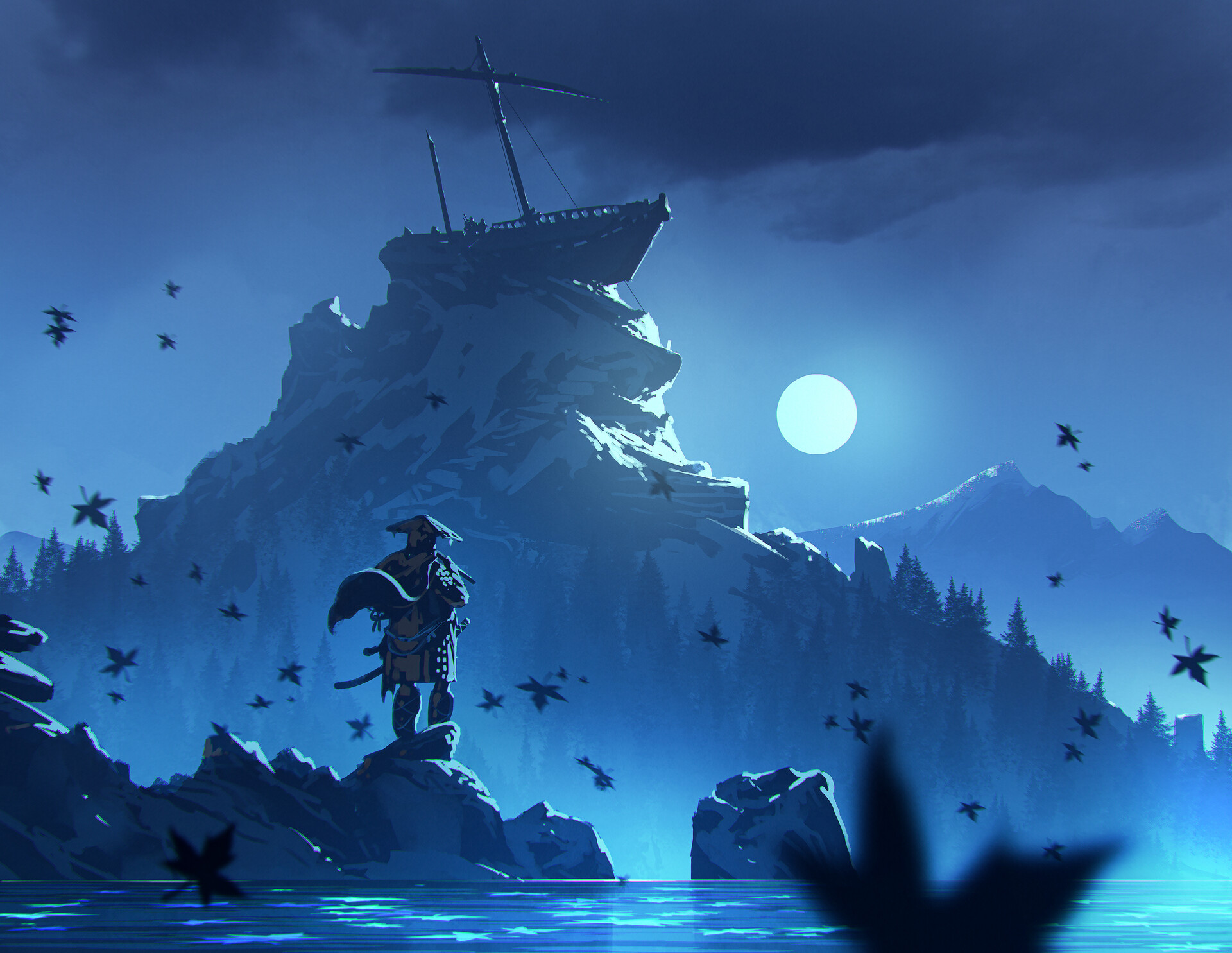 ghost of tsushima, samurai, video game, moon, night, ship