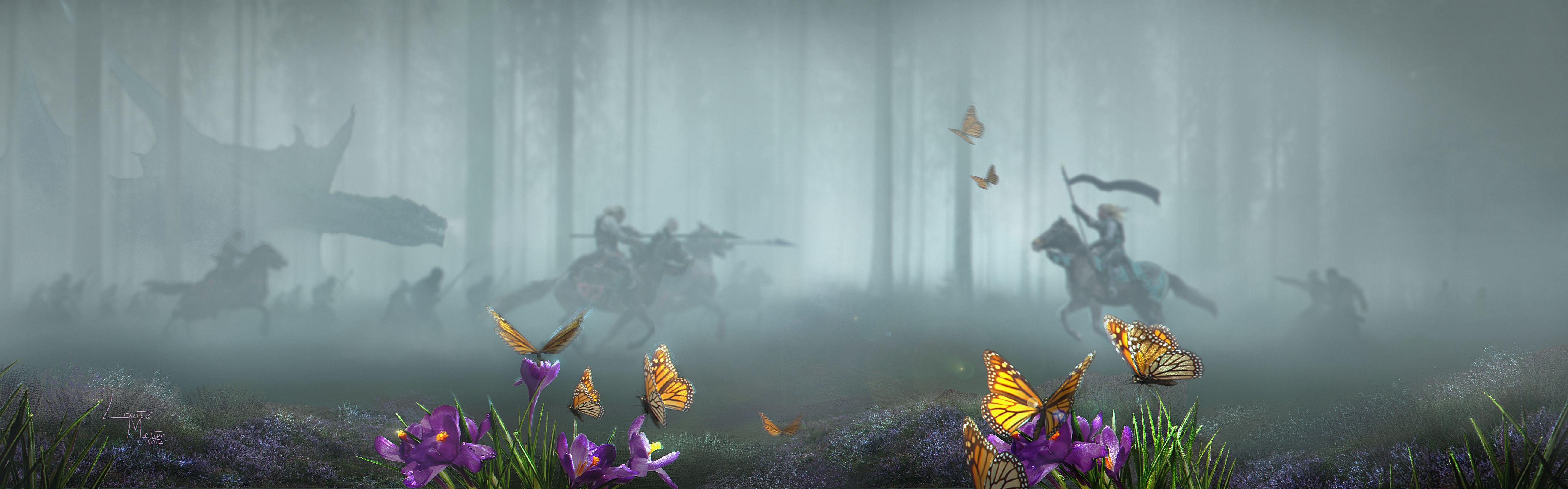 Download mobile wallpaper Fantasy, Fog, Butterfly, Dragon, Warrior, Horse, Fight, Battle for free.