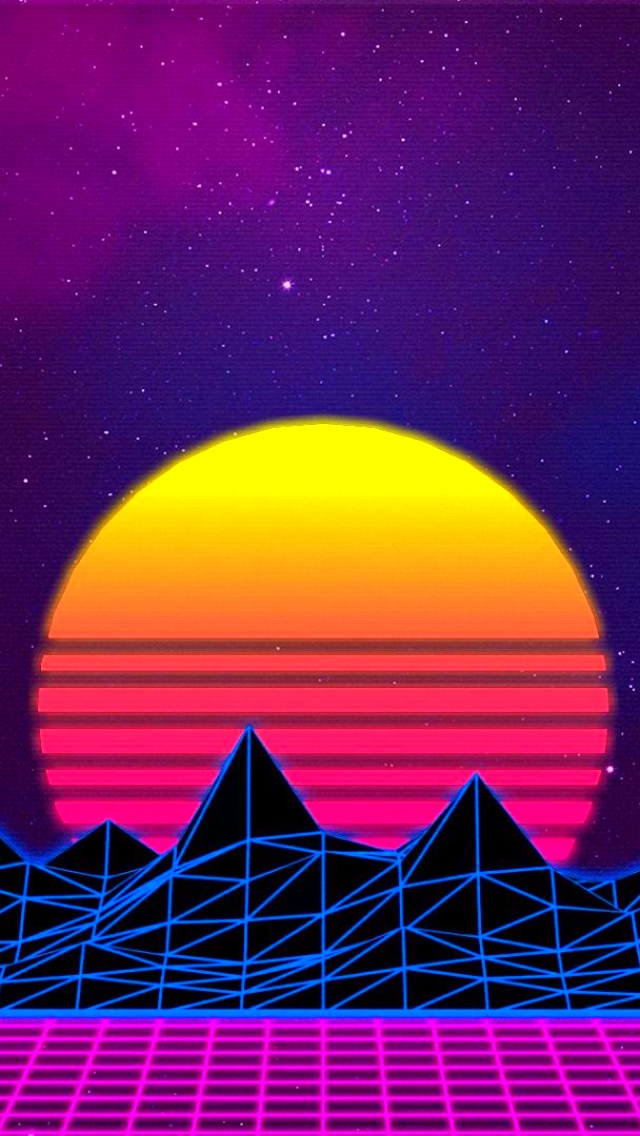 Download mobile wallpaper Sunset, Sky, Neon, Purple, Artistic, Retro Wave for free.