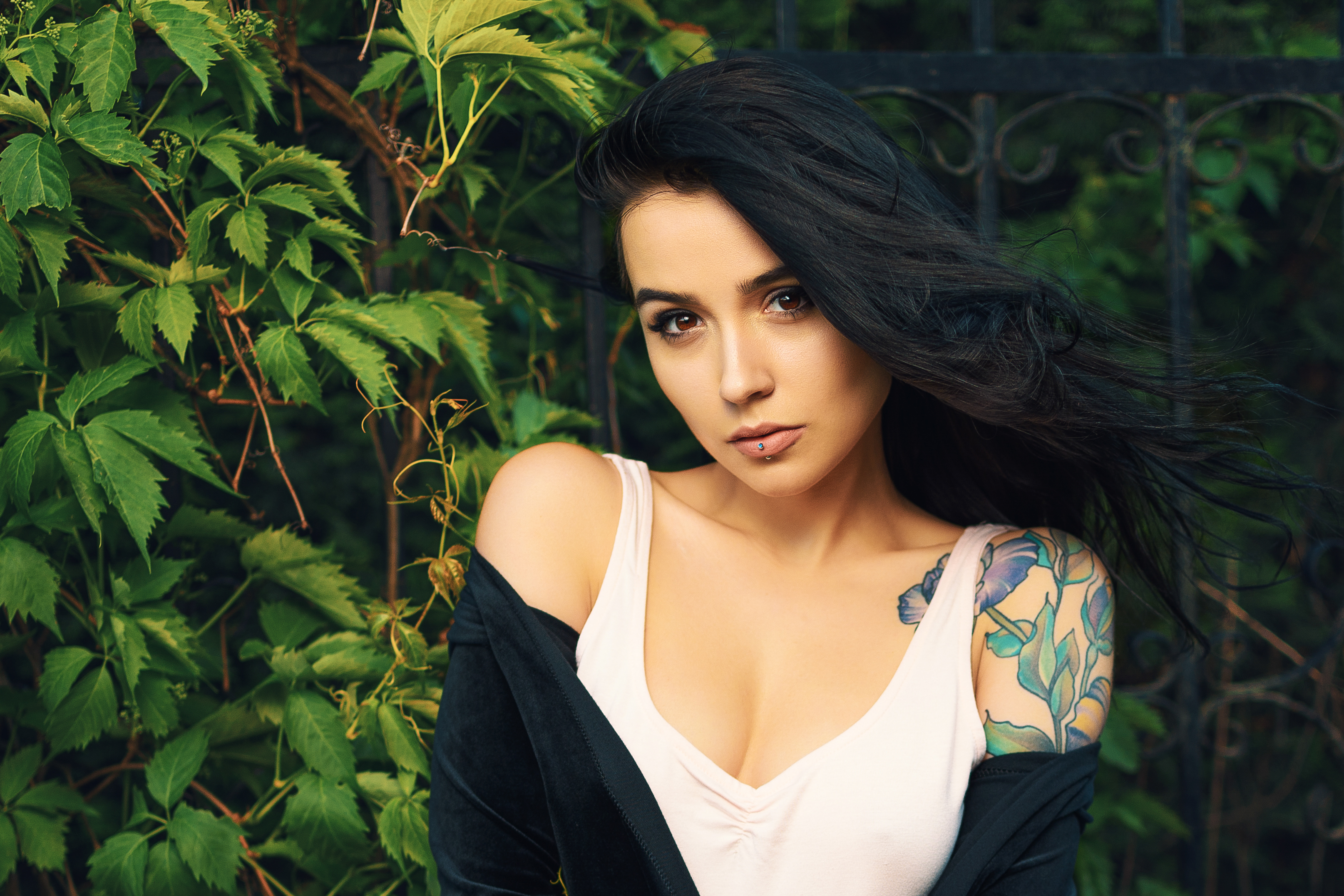 Download mobile wallpaper Tattoo, Model, Women, Brown Eyes, Black Hair for free.