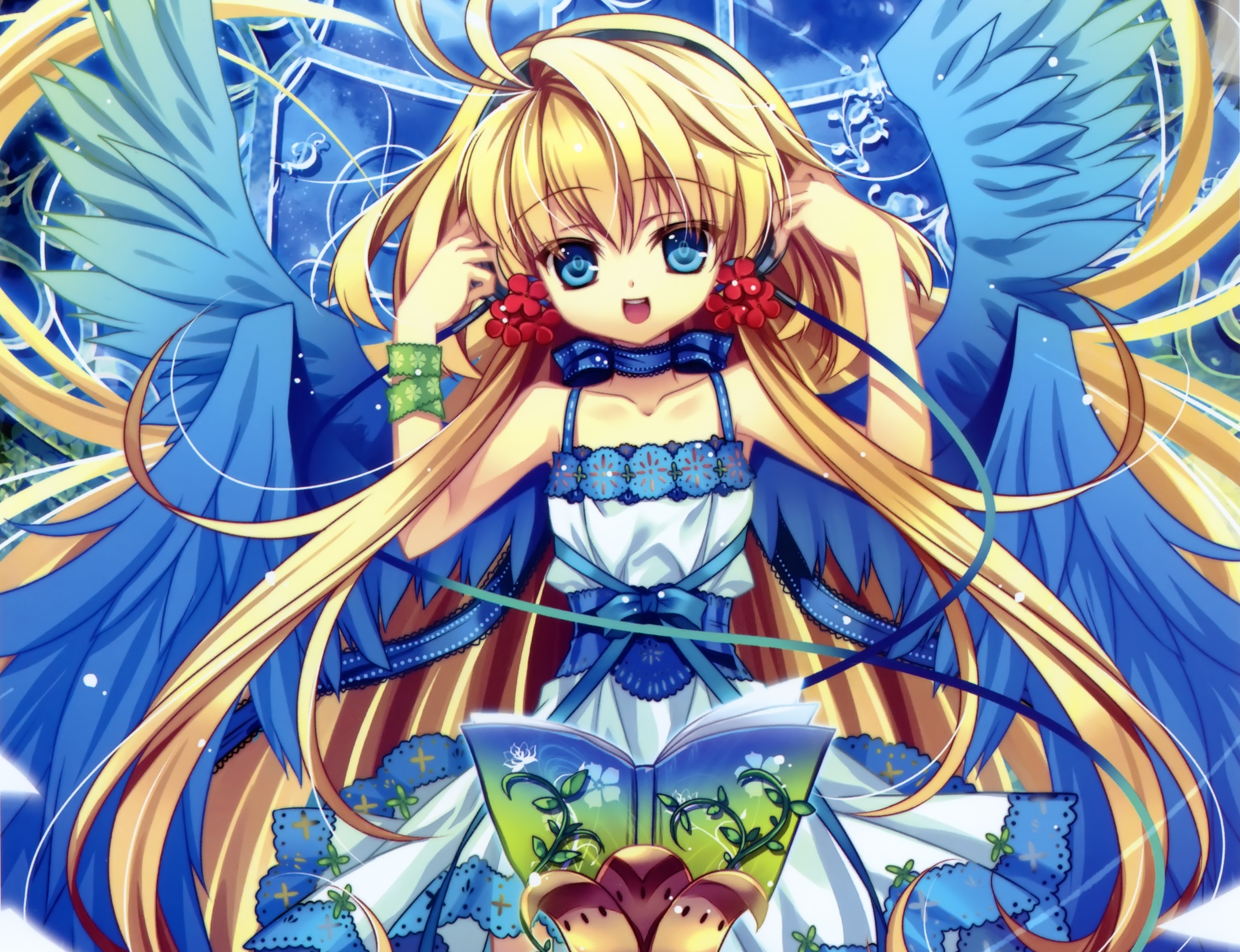 Download mobile wallpaper Anime, Headphones, Flower, Wings, Book, Blonde, Blue Eyes, Long Hair, Bow (Clothing) for free.