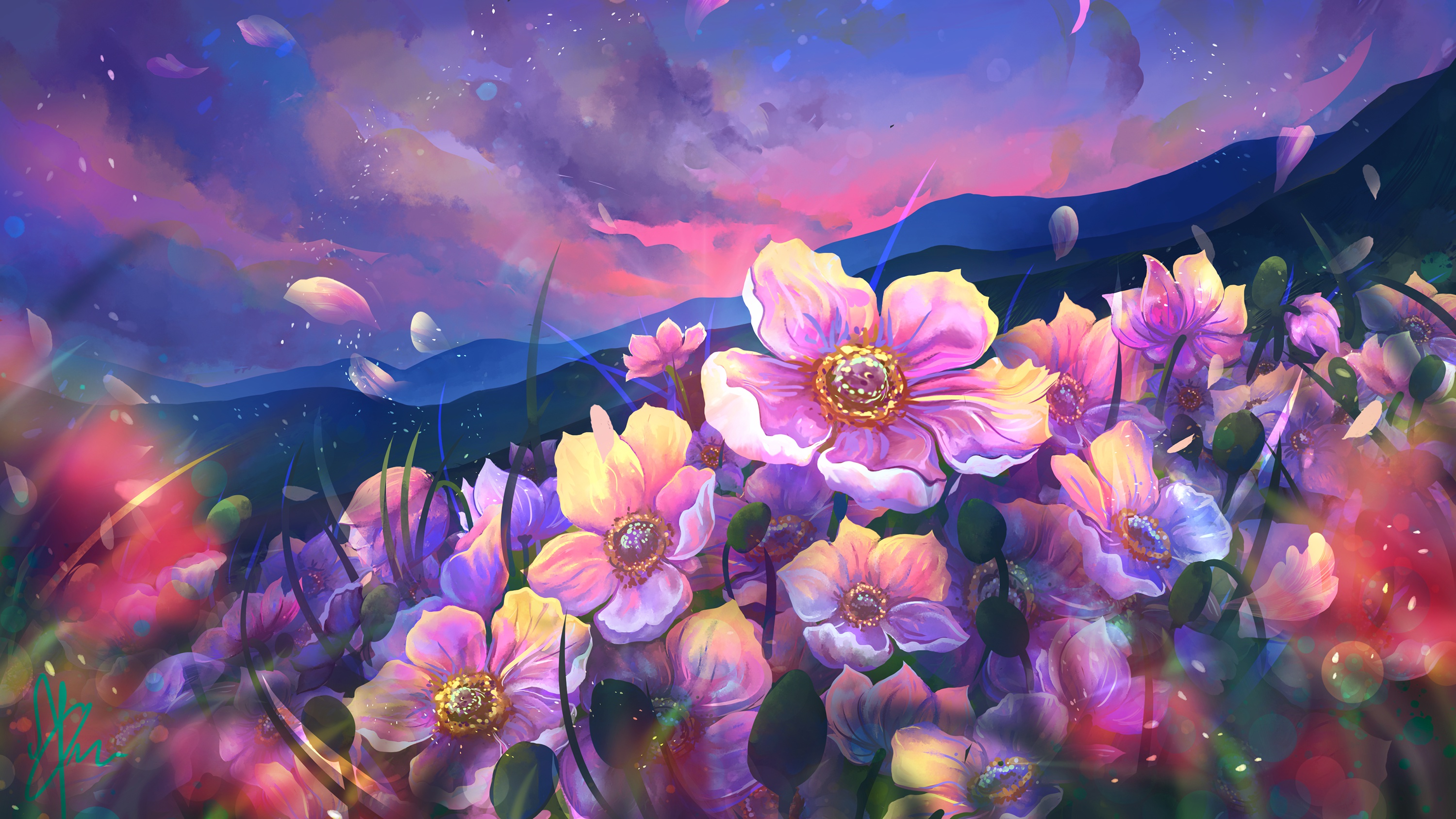 Free download wallpaper Flowers, Mountain, Flower, Artistic, Petal on your PC desktop