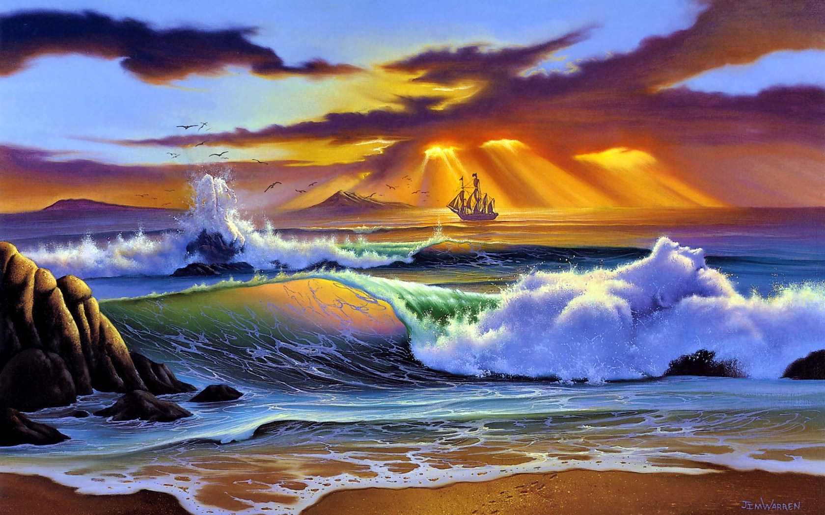 Download mobile wallpaper Sunset, Sky, Ocean, Ship, Artistic, Wave for free.