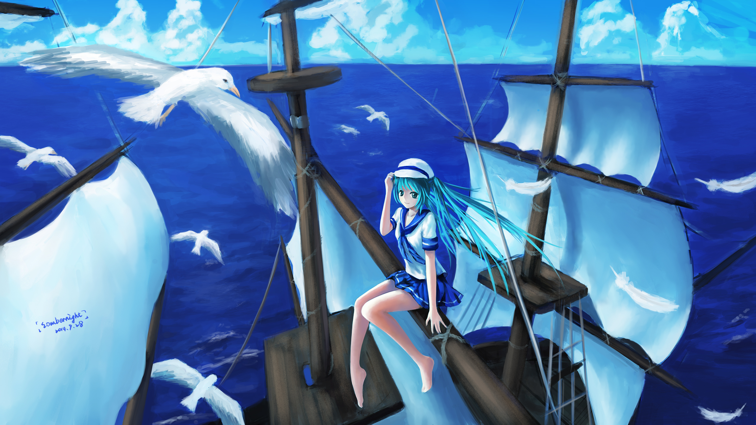 Free download wallpaper Anime, Bird, Ocean, Boat, Vocaloid, Hat, Blue Eyes, Blue Hair, School Uniform, Hatsune Miku, Long Hair on your PC desktop