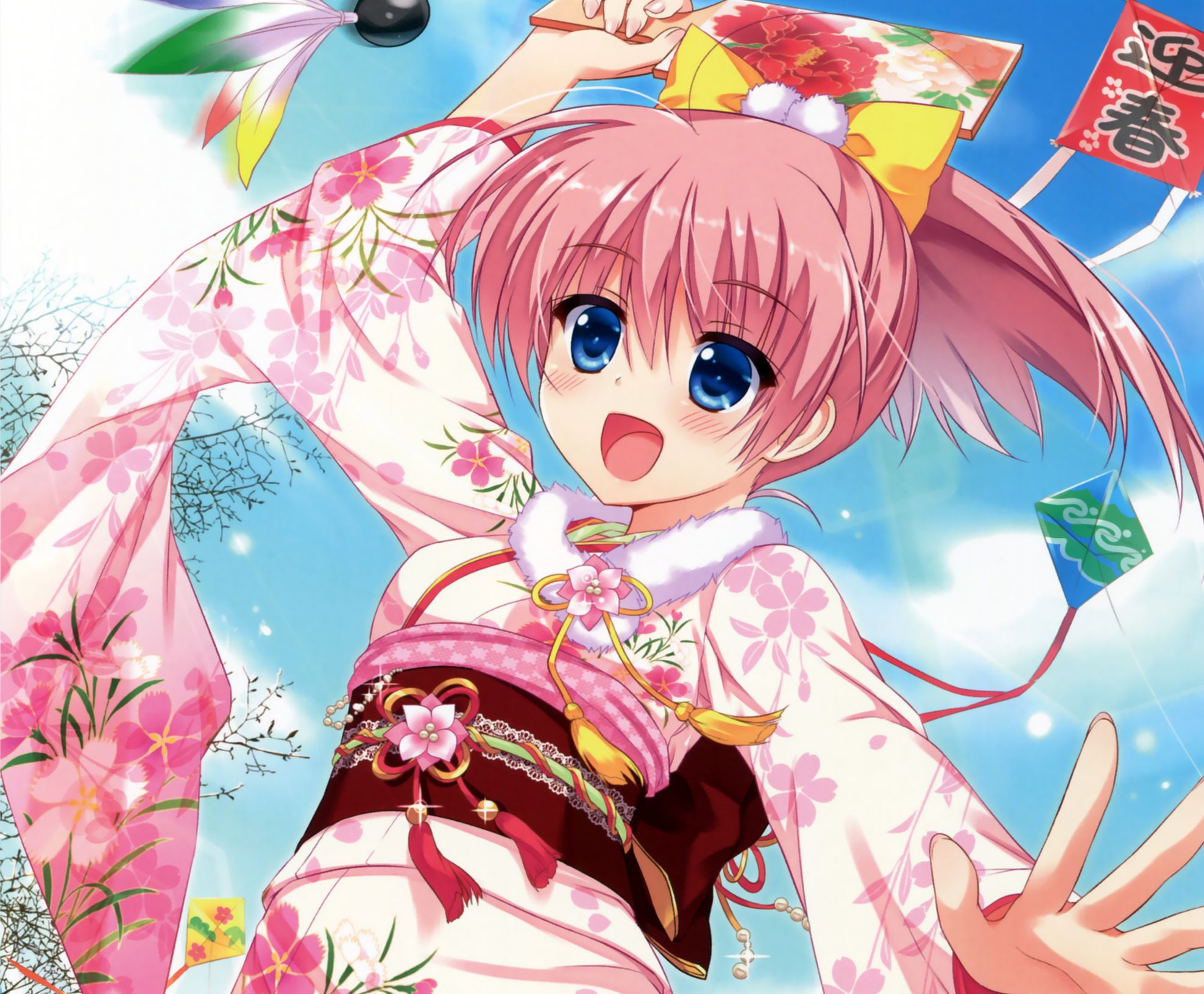 anime, original, blue eyes, blush, bow (clothing), flower, kimono, kite, kunihiro hinata, noble works!, pink hair, smile