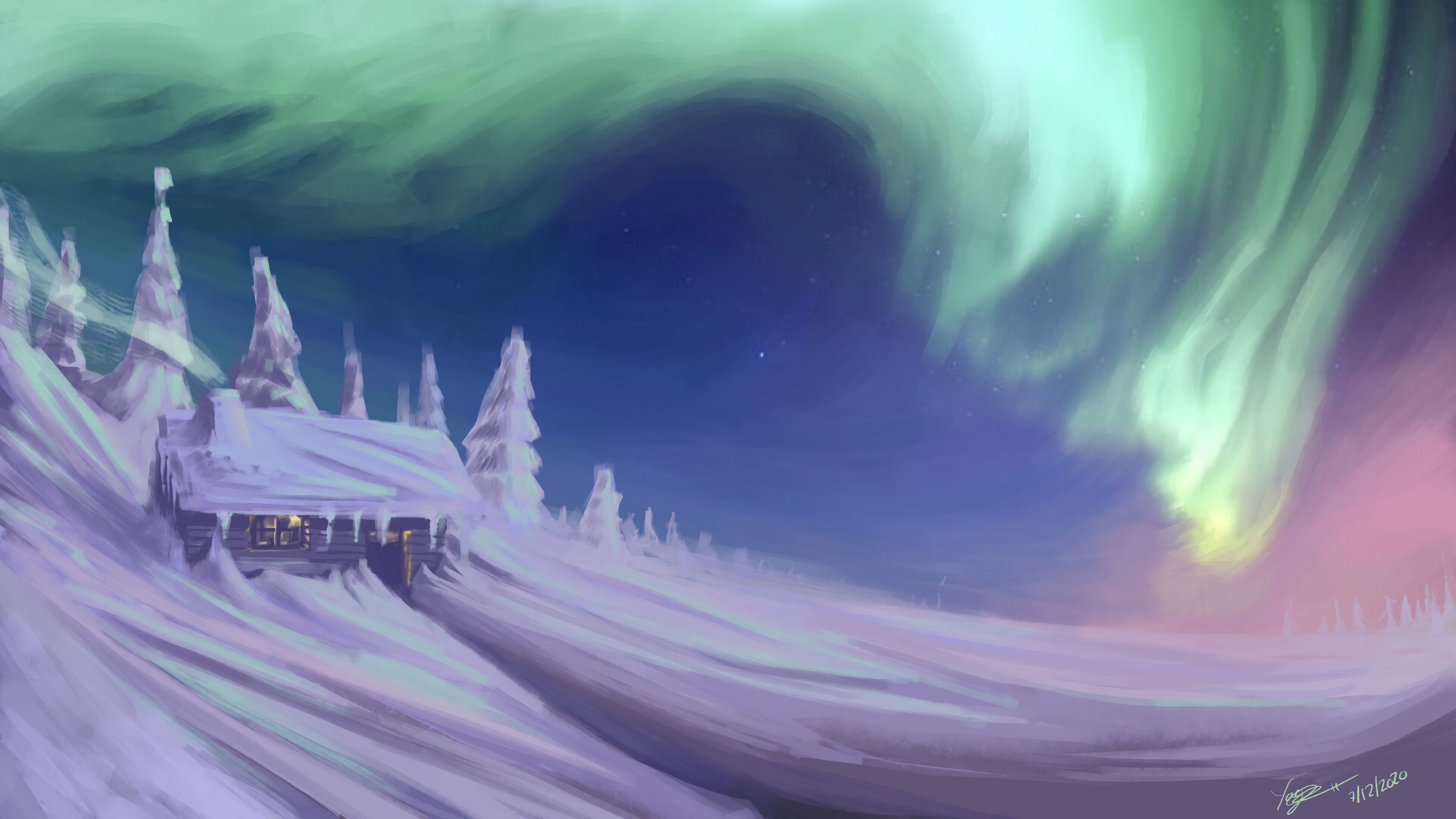 Free download wallpaper Winter, Art, Trees, Snow, Northern Lights, Aurora Borealis, House on your PC desktop