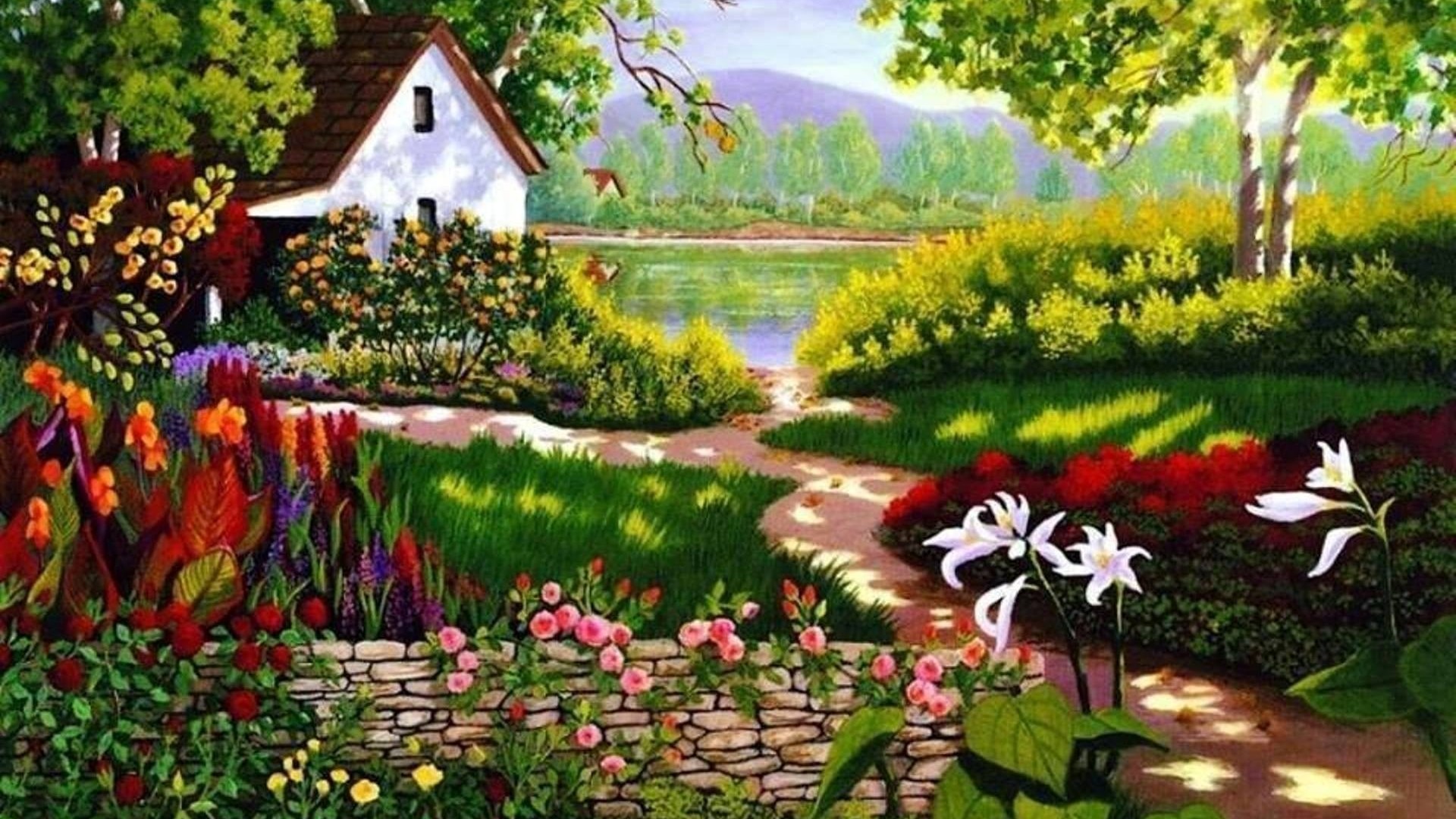 Download mobile wallpaper Lake, Flower, House, Painting, Spring, Artistic for free.