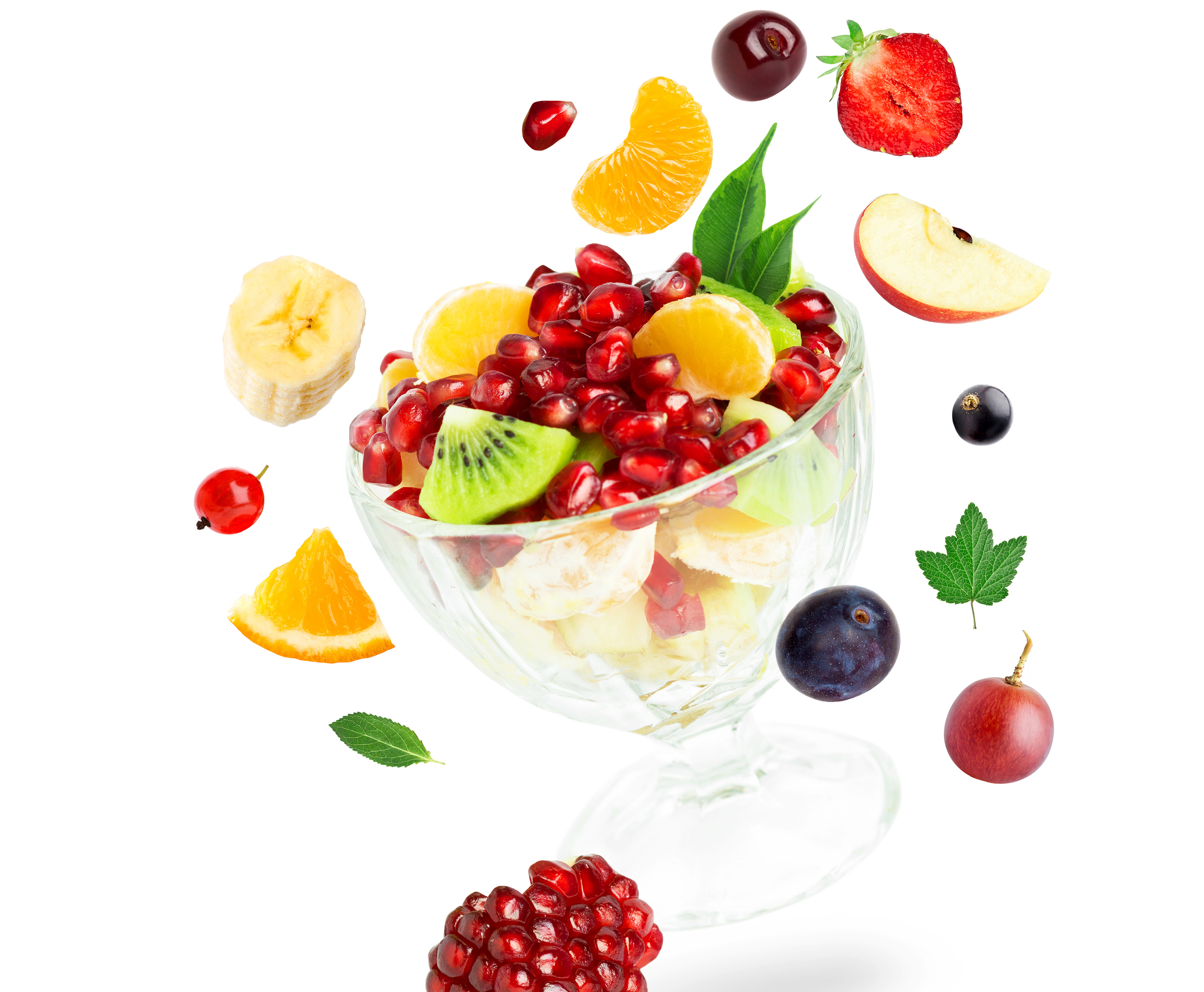 389814 Hintergrundbild herunterladen nahrungsmittel, frucht, apfel, banane, kirsche, kiwi, orange (obst), granatapfel, erdbeere, früchte - Bildschirmschoner und Bilder kostenlos