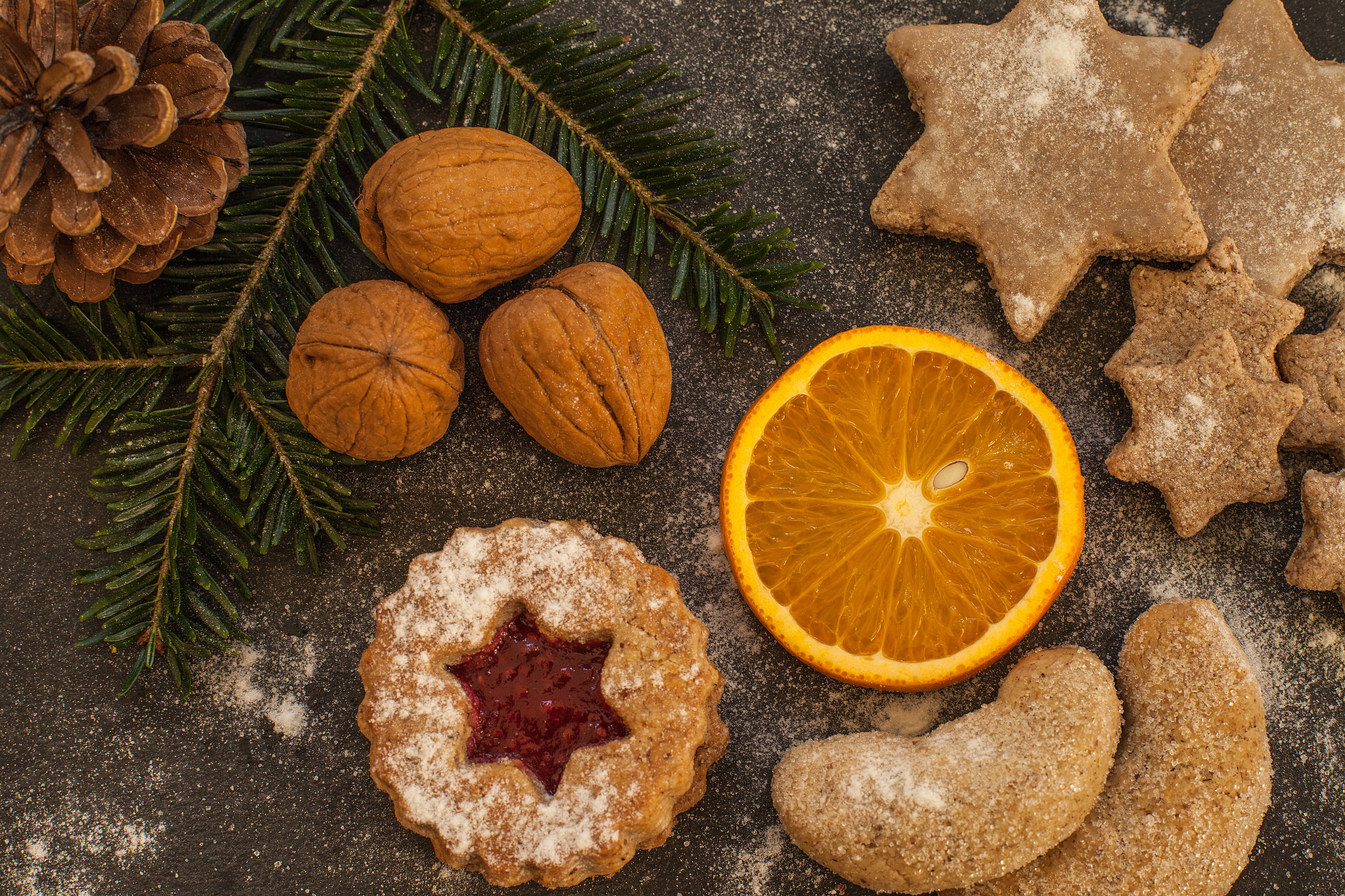 holidays, oranges, cookies, christmas, walnuts, pine cones
