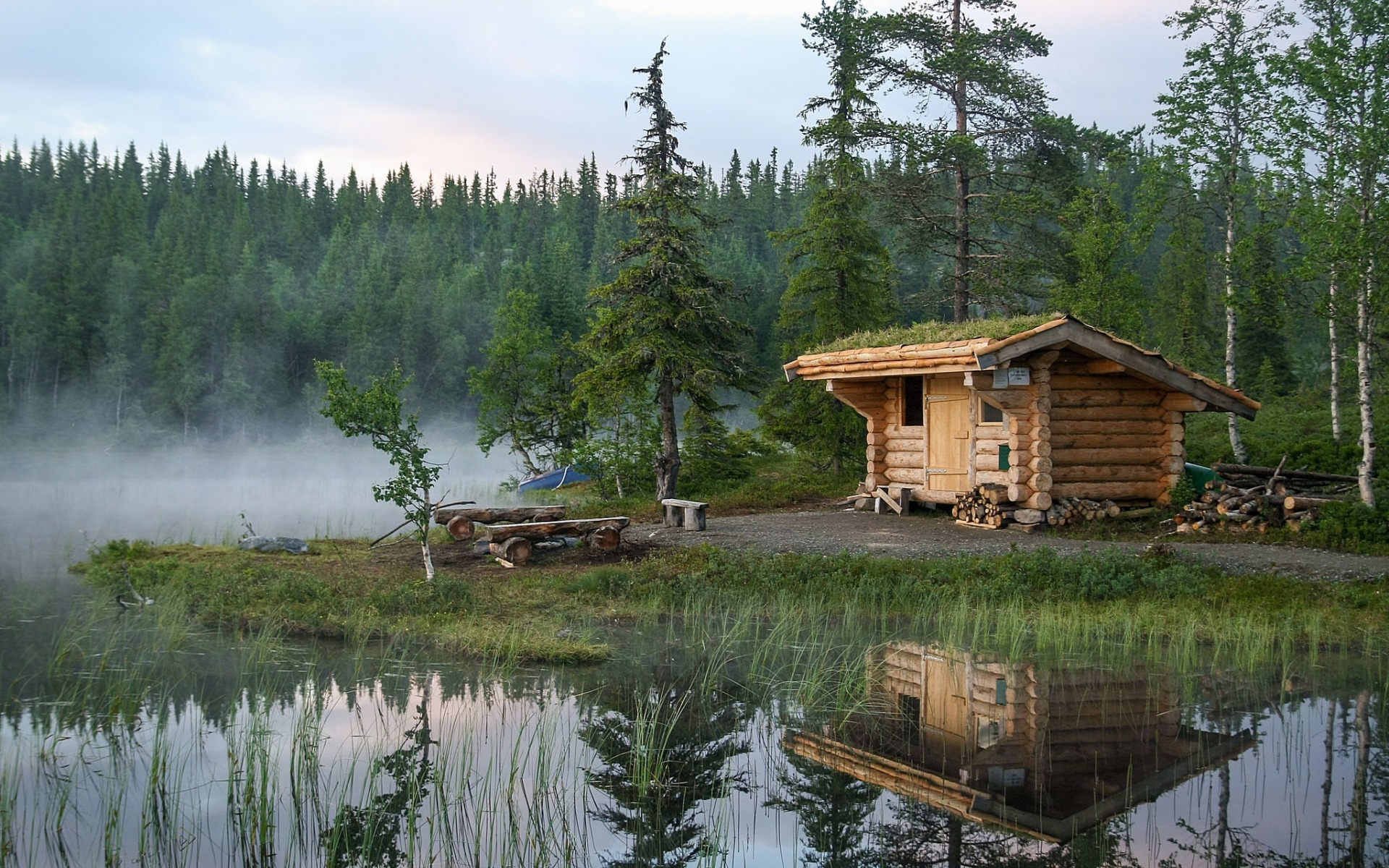 Download mobile wallpaper Lake, Reflection, Tree, Cabin, Man Made for free.