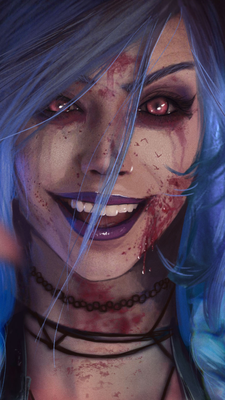 Download mobile wallpaper League Of Legends, Smile, Face, Blue Hair, Video Game, Lipstick, Jinx (League Of Legends) for free.