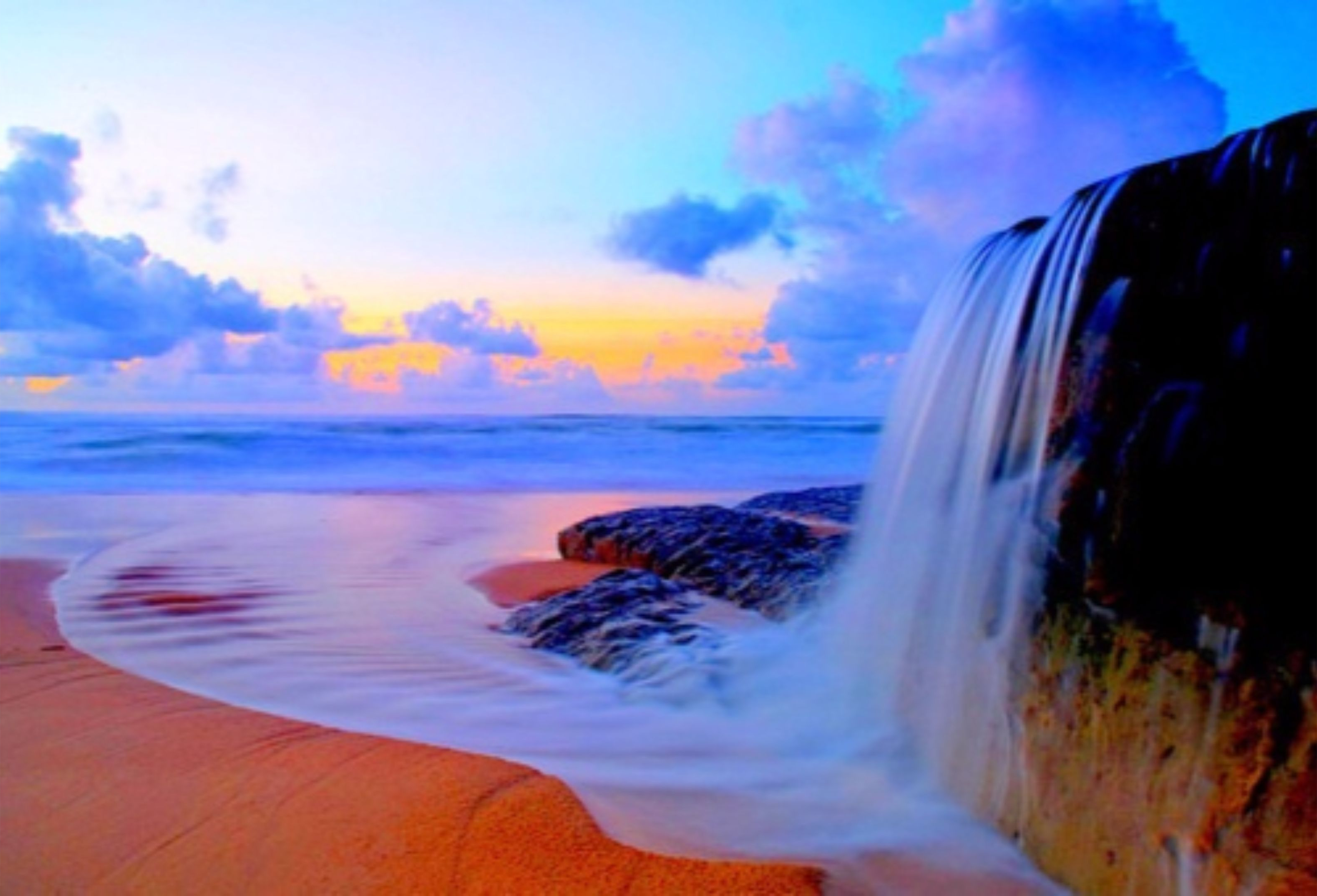 Laden Sie das Strand, Wasserfall, Ozean, Erde, Meer, Sonnenuntergang, Erde/natur-Bild kostenlos auf Ihren PC-Desktop herunter