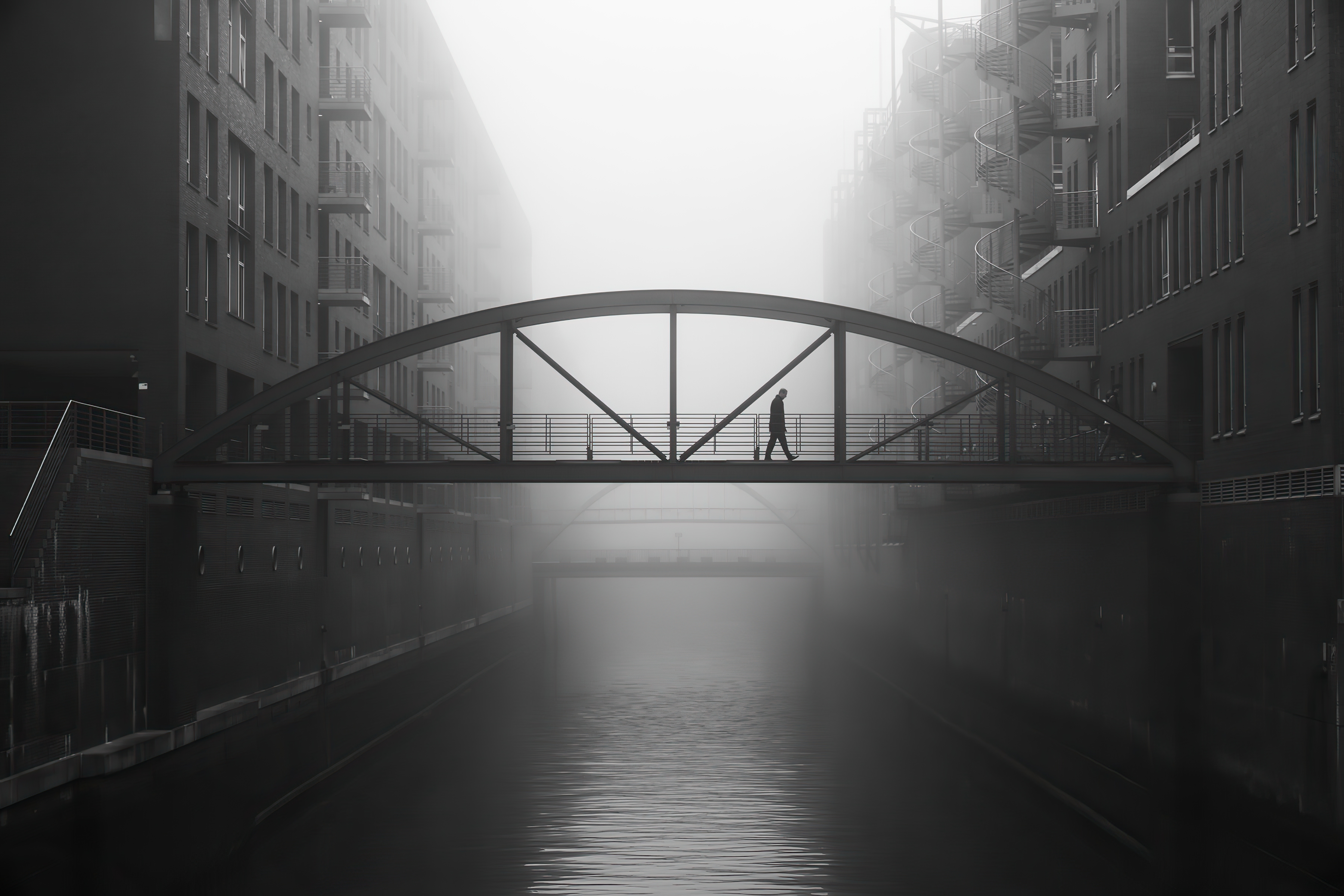 Download mobile wallpaper Water, Fog, Bridge, River, Photography, Black & White for free.