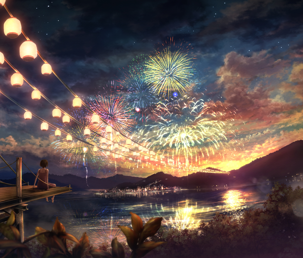 Free download wallpaper Anime, Sunset, Lantern, Fireworks, Festival on your PC desktop