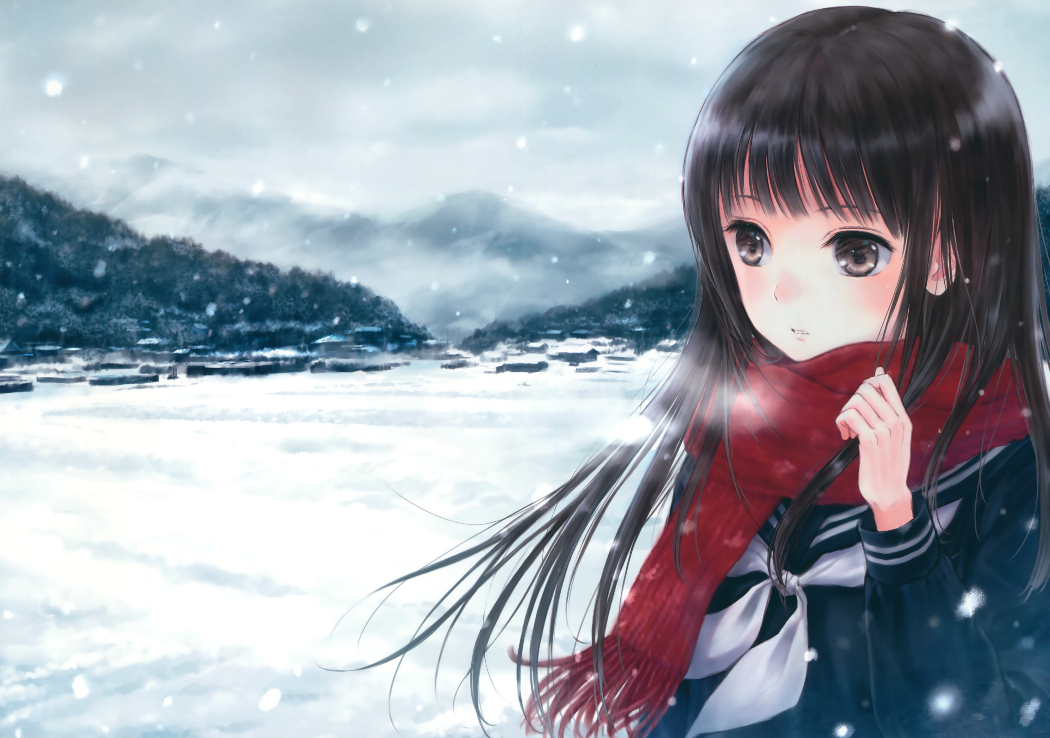 Download mobile wallpaper Anime, Snow, Mountain, Snowfall, Scarf, Original, Blush, School Uniform, Black Hair, Long Hair, Bow (Clothing), Black Eyes for free.