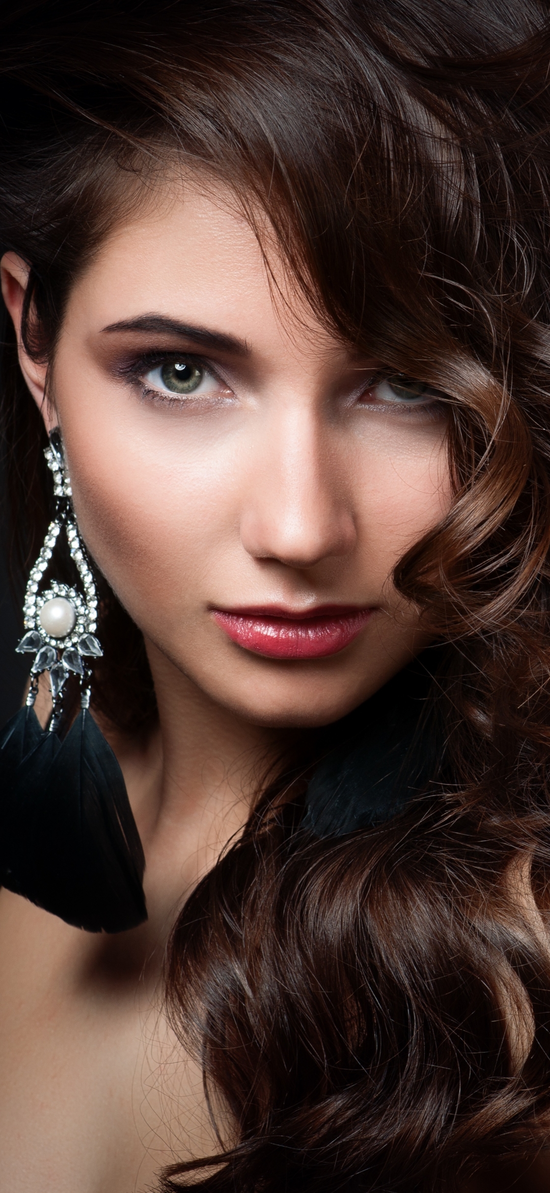 Download mobile wallpaper Face, Brunette, Model, Women, Earrings, Blue Eyes for free.