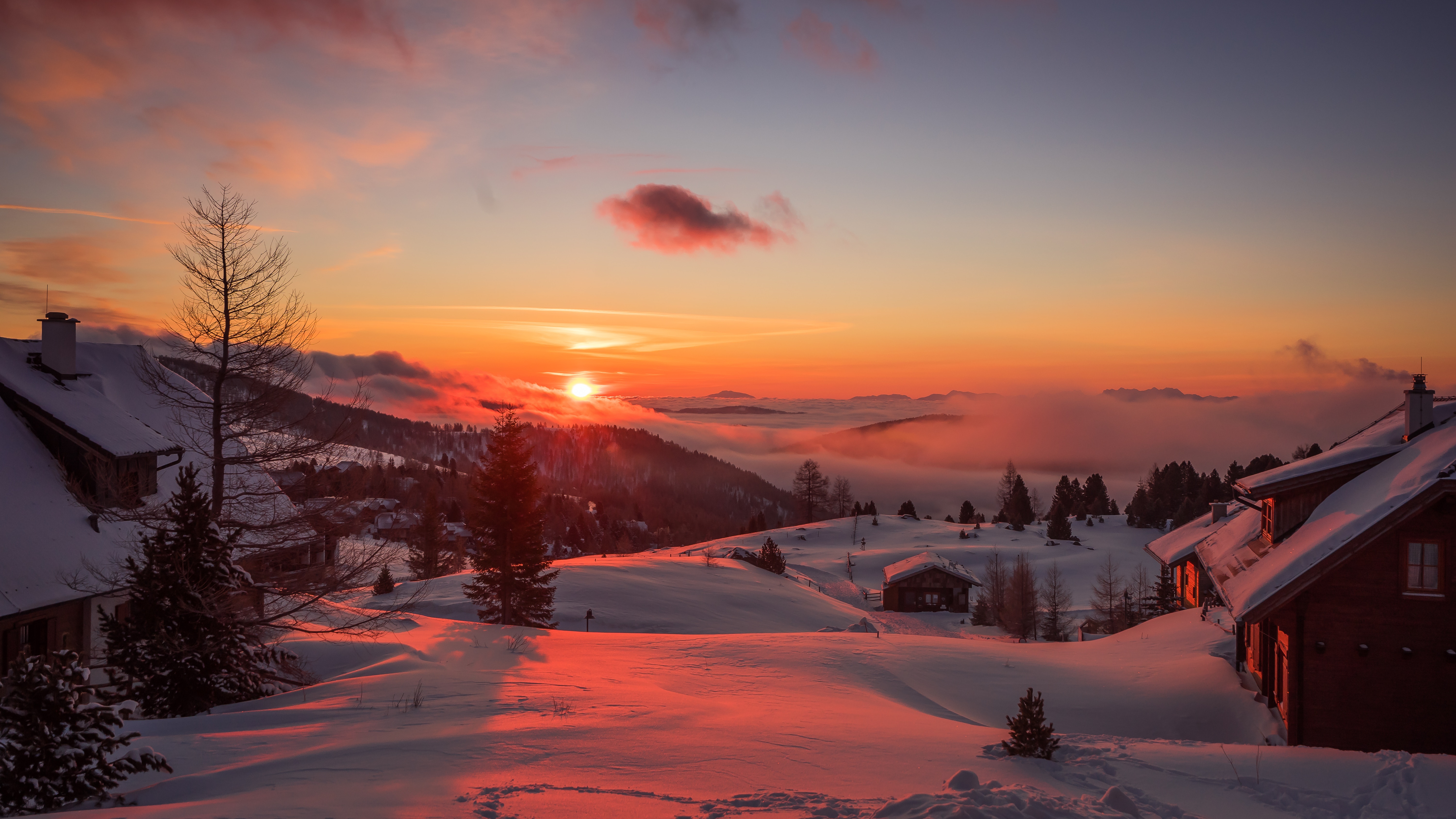 austria, winter, mountains, nature, sunset, trees