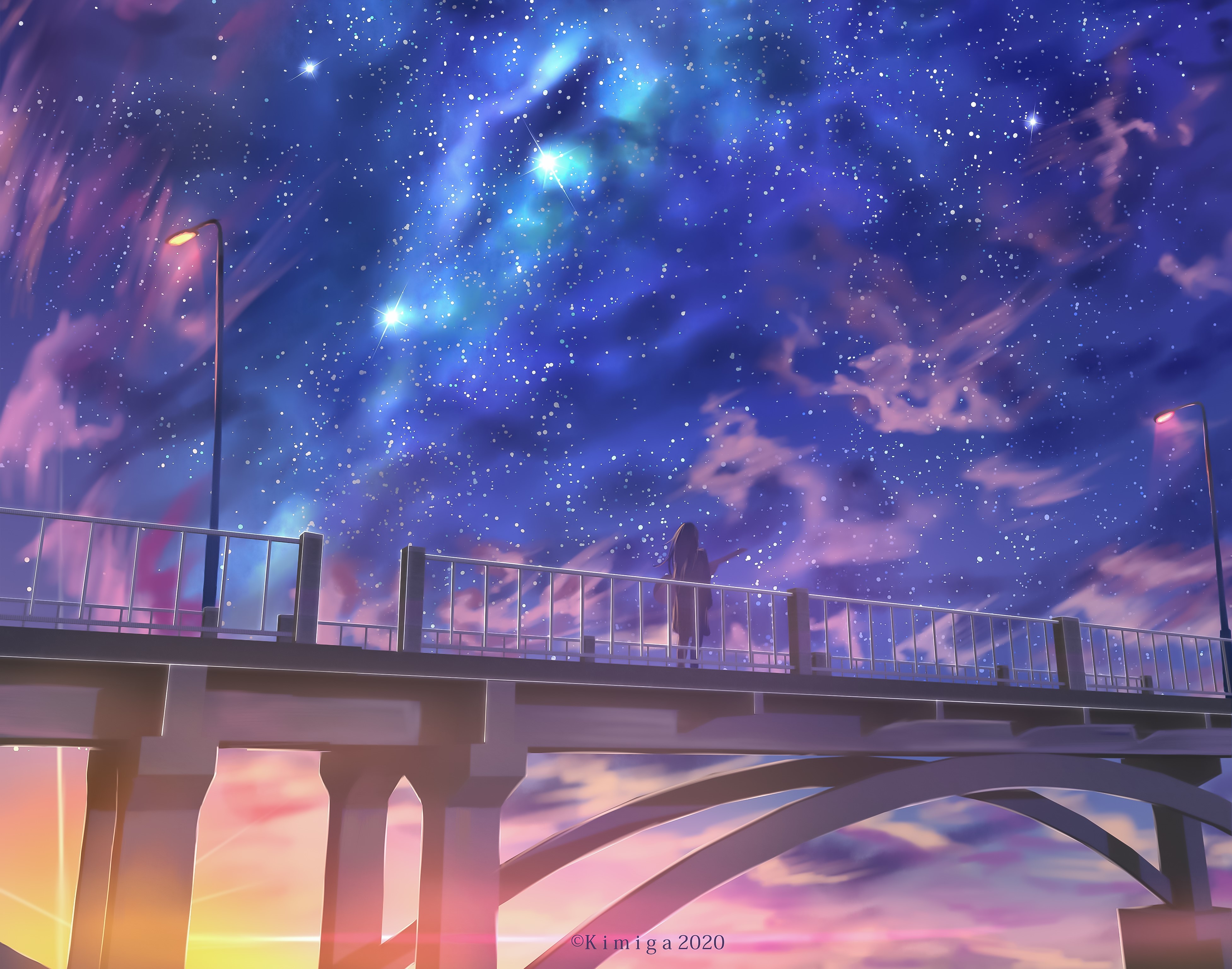 Laden Sie das Brücke, Original, Sonnenuntergang, Animes, Sternenklarer Himmel-Bild kostenlos auf Ihren PC-Desktop herunter