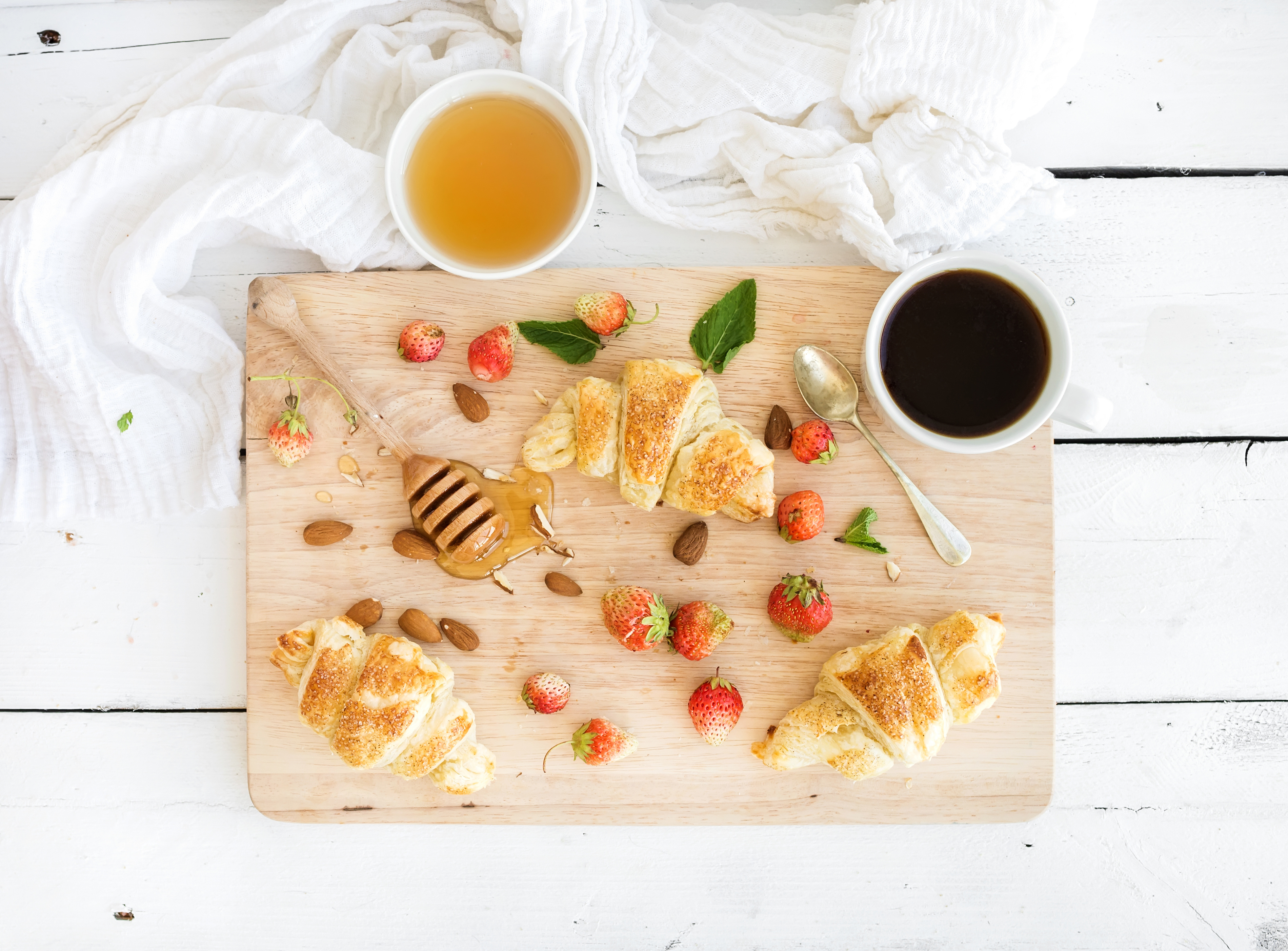 Download mobile wallpaper Food, Strawberry, Coffee, Still Life, Breakfast, Croissant for free.