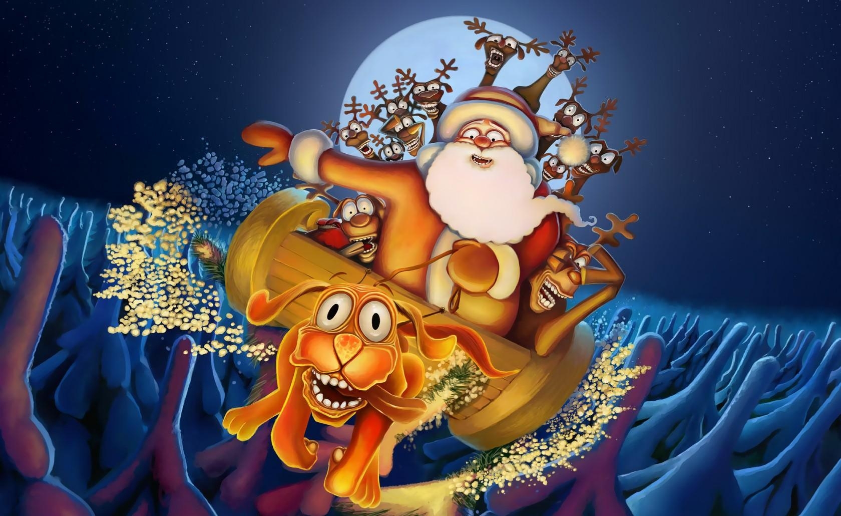 christmas, night, deers, holidays, santa claus, moon, fir trees, dog, flight cell phone wallpapers