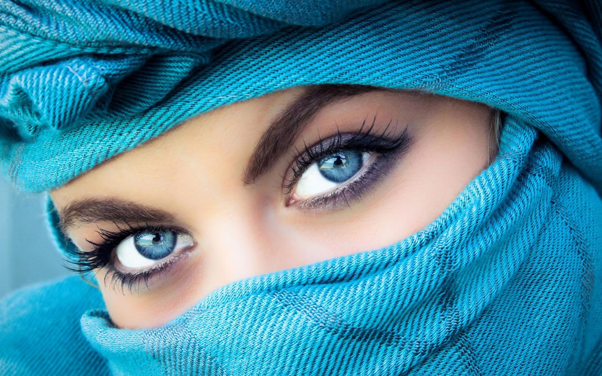 Download mobile wallpaper Eye, Women, Scarf, Blue Eyes, Stare for free.
